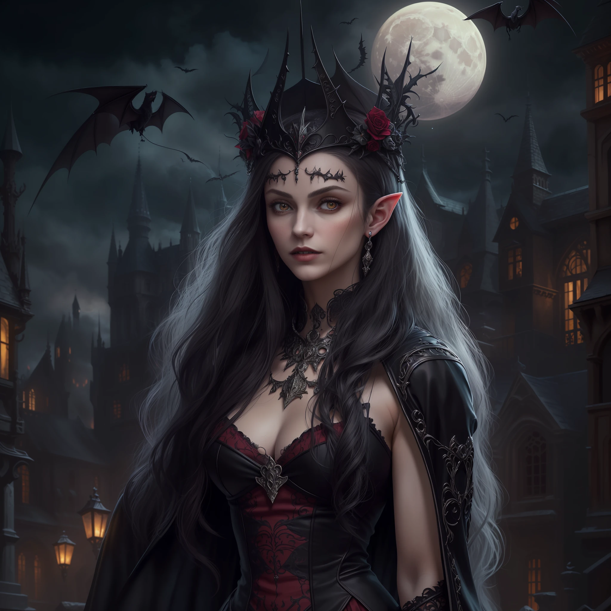 arafed, dark fantasy art, gothic art, (masterpiece:1.5), full body best details, highly detailed, best quality, highres, full body portrait of a vampire, elf (1.6, Masterpiece, best quality), ultra feminine (1.4 intricate details, Masterpiece, best quality) with a long curvy hair, dark color hair, red eyes (1.3 fantasy art, Masterpiece, best quality), ((beautiful delicate face)), Ultra Detailed Face (1.4 intricate details, fantasy art, Masterpiece, best quality), [visible vampiric fangs] (1.6 intricate details, fantasy art, Masterpiece, best quality), [anatomically correct] red cloak, flowing cloak (1.4 intricate details, fantasy art, Masterpiece, best quality), wearing an intricate leather black dress (1.4 intricate details, gothic art, Masterpiece, best quality), high heeled boots, urban background (intense details, beat details), fantasy, at night light, natural ,moon light, soft moon light, moon rays, clouds, gothic atmosphere, gothic street background, bats flying in backgrouns, soft light, dynamic light, [[anatomically correct]], high details, best quality, 8k, [ultra detailed], masterpiece, best quality, (extremely detailed), dynamic angle, ultra wide shot, RAW, photorealistic