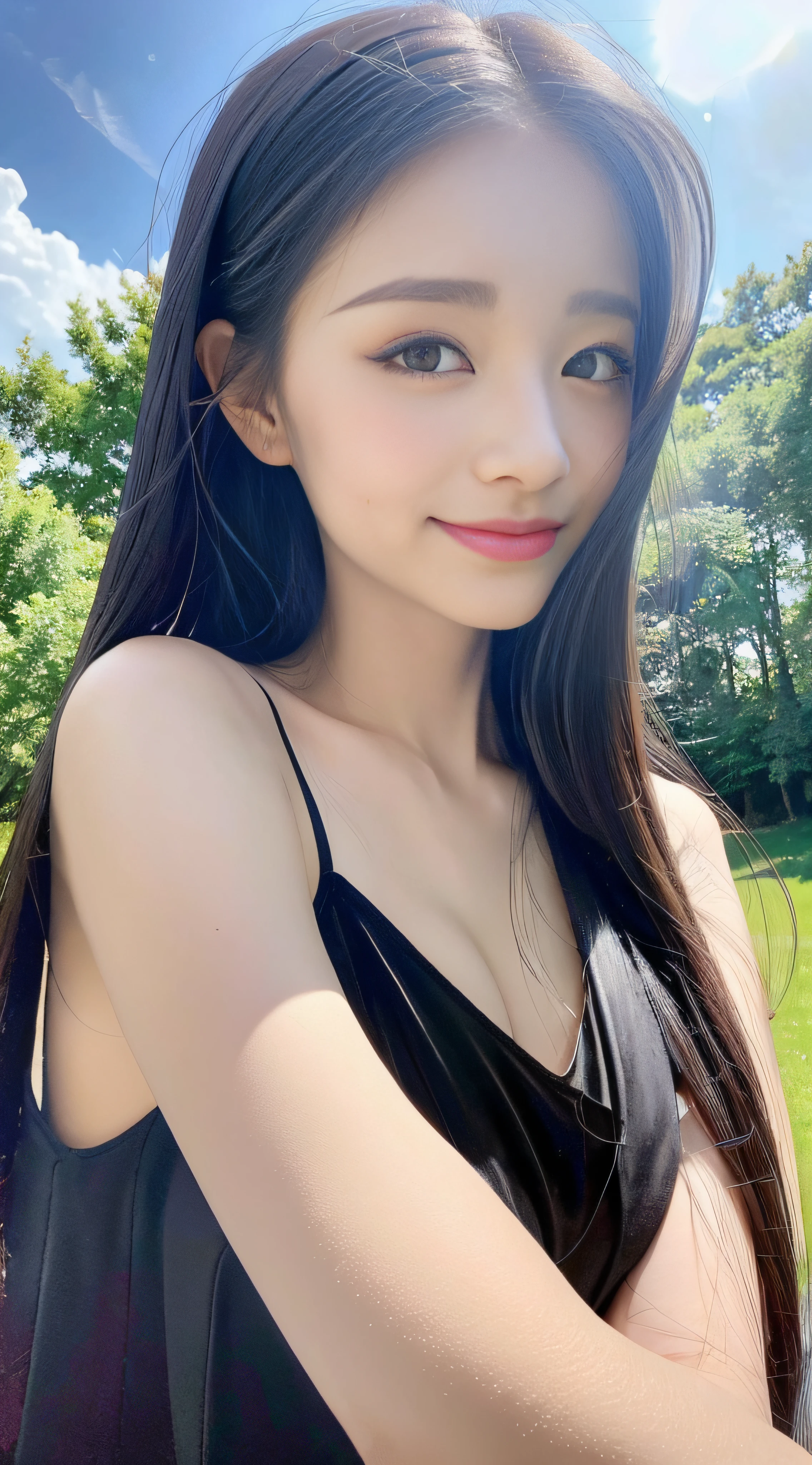 ((best qualtiy, 8K, tmasterpiece:1.3)), A pretty maiden，Pure，Melon seed face，gentle and cute，Thin stature，[Detached sleeves::0], [Collared shirt::0], [capri pants::0]，Black silky straight hair，round black big eyes，Clear big eyes，Hydrated red lips，Sweet Royal，at the lakes，with blue sky and white clouds，rays of sunshine，Idyllic background，Sweet smile， (full bodyesbian:1.3), pinkdress:1.1, close-up all over the body