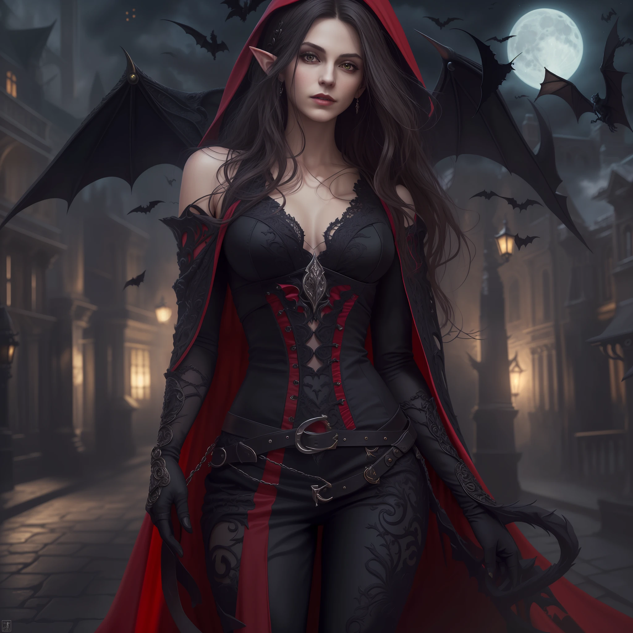 arafed, dark fantasy art, gothic art, (masterpiece:1.5), full body best details, highly detailed, best quality, highres, full body portrait of a vampire, elf (1.6, Masterpiece, best quality), ultra feminine (1.4 intricate details, Masterpiece, best quality) with a long curvy hair, dark color hair, red eyes (1.3 fantasy art, Masterpiece, best quality), ((beautiful delicate face)), Ultra Detailed Face (1.4 intricate details, fantasy art, Masterpiece, best quality), [visible vampiric fangs] (1.6 intricate details, fantasy art, Masterpiece, best quality), [anatomically correct] red cloak, flowing cloak (1.4 intricate details, fantasy art, Masterpiece, best quality), wearing an intricate leather black dress (1.4 intricate details, gothic art, Masterpiece, best quality), high heeled boots, urban background (intense details, beat details), fantasy, at night light, natural ,moon light, soft moon light, moon rays, clouds, gothic atmosphere, gothic street background, bats flying in backgrouns, soft light, dynamic light, [[anatomically correct]], high details, best quality, 8k, [ultra detailed], masterpiece, best quality, (extremely detailed), dynamic angle, ultra wide shot, RAW, photorealistic