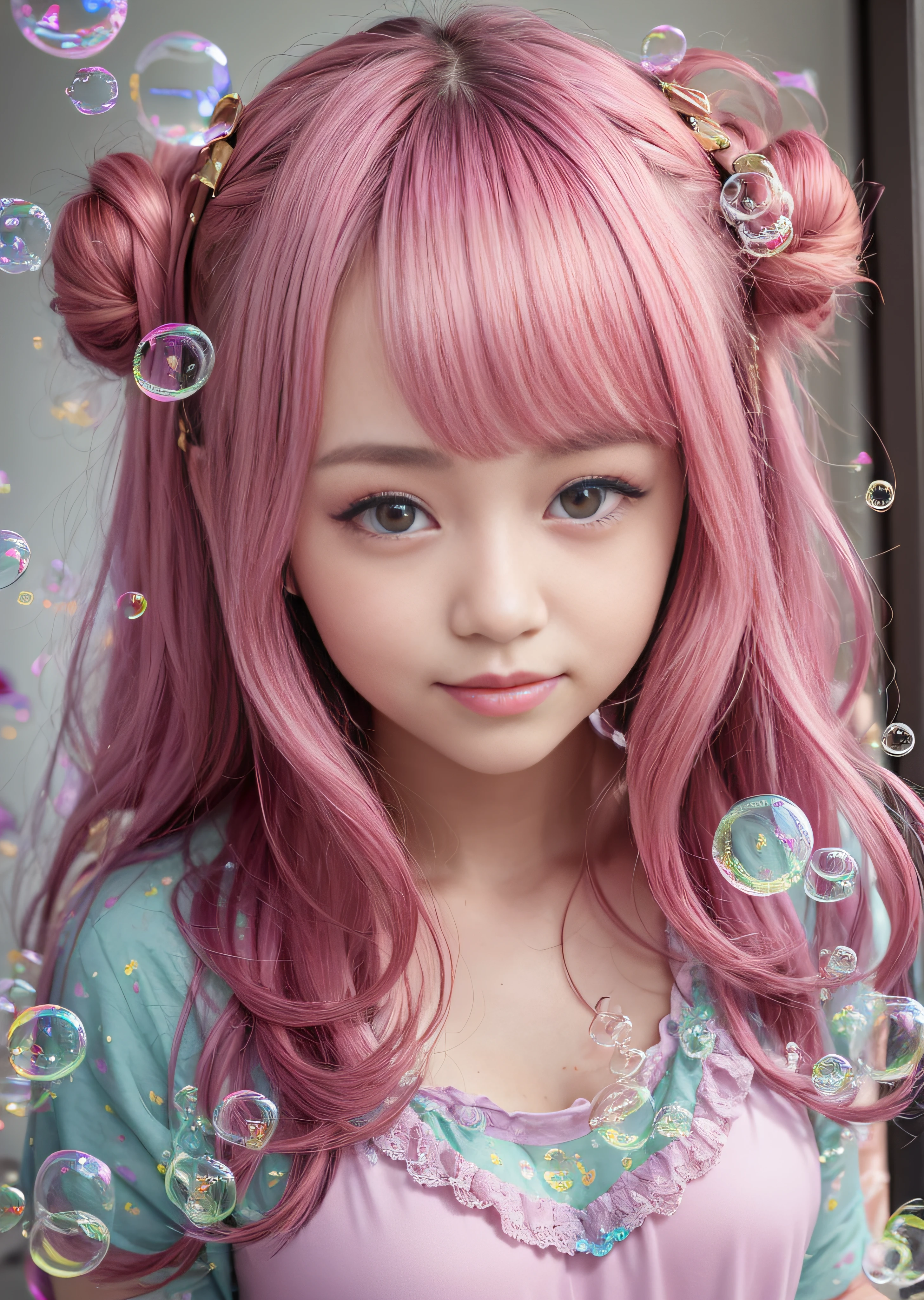 Pink hair、A smile、Pink costume、hugetits、hugetits、Delusional milk、Transverse breasts、Lower breast、Hami milk、Taking a bubble bath、Covered in bubbles、(((Covered in soap bubbles)))、Beautiful cute flowers、Gentle light is shining、length hair、Twin-tailed、Bun head、((Pink nightgown))、kawaii faces、girl、uniformss、Lolita、16-yeaolde