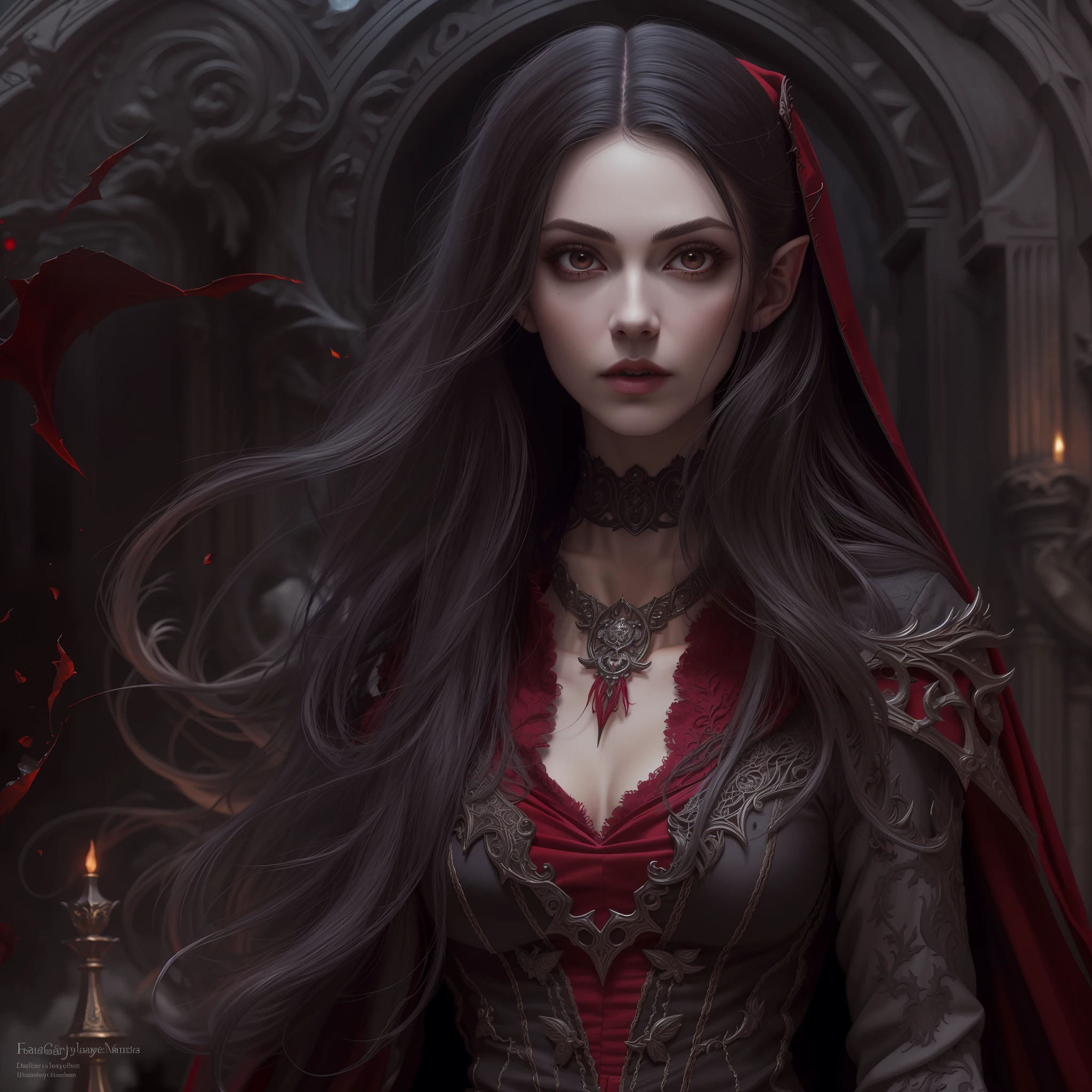 arafed, dark fantasy art, gothic art, (masterpiece:1.5), full body best details, highly detailed, best quality, highres, full body portrait of a vampire, elf (1.6, Masterpiece, best quality), ultra feminine (1.4 intricate details, Masterpiece, best quality) with a long curvy hair, dark color hair, red eyes (1.3 fantasy art, Masterpiece, best quality), ((beautiful delicate face)), Ultra Detailed Face (1.4 intricate details, fantasy art, Masterpiece, best quality), [visible vampiric fangs] (1.6 intricate details, fantasy art, Masterpiece, best quality), [anatomically correct] red cloak, flowing cloak (1.4 intricate details, fantasy art, Masterpiece, best quality), wearing an intricate leather white dress (1.4 intricate details, gothic art, Masterpiece, best quality), high heeled boots, blood dripping, urban background (intense details, beat details), fantasy, at night light, natural ,moon light, soft moon light, moon rays, clouds, gothic atmosphere, gothic street background, bats flying in background, soft light, dynamic light, [[anatomically correct]], high details, best quality, 8k, [ultra detailed], masterpiece, best quality, (extremely detailed), dynamic angle, ultra wide shot, RAW, photorealistic