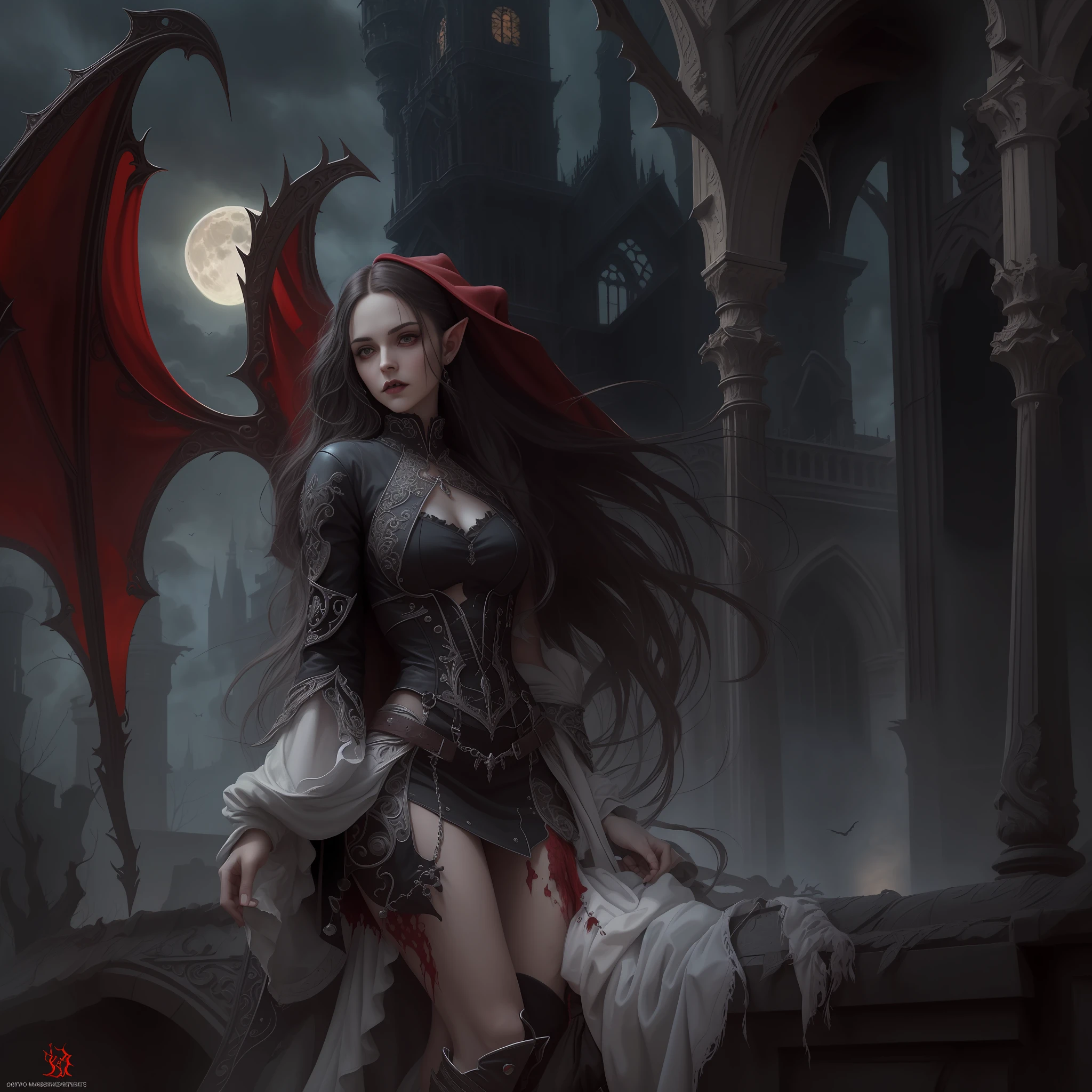 arafed, dark fantasy art, gothic art, (masterpiece:1.5), full body best details, highly detailed, best quality, highres, full body portrait of a vampire, elf (1.6, Masterpiece, best quality), ultra feminine (1.4 intricate details, Masterpiece, best quality) with a long curvy hair, dark color hair, red eyes (1.3 fantasy art, Masterpiece, best quality), ((beautiful delicate face)), Ultra Detailed Face (1.4 intricate details, fantasy art, Masterpiece, best quality), [visible vampiric fangs] (1.6 intricate details, fantasy art, Masterpiece, best quality), [anatomically correct] red cloak, flowing cloak (1.4 intricate details, fantasy art, Masterpiece, best quality), wearing an intricate leather white dress (1.4 intricate details, gothic art, Masterpiece, best quality), high heeled boots, blood dripping, urban background (intense details, beat details), fantasy, at night light, natural ,moon light, soft moon light, moon rays, clouds, gothic atmosphere, gothic street background, bats flying in background, soft light, dynamic light, [[anatomically correct]], high details, best quality, 8k, [ultra detailed], masterpiece, best quality, (extremely detailed), dynamic angle, ultra wide shot, RAW, photorealistic