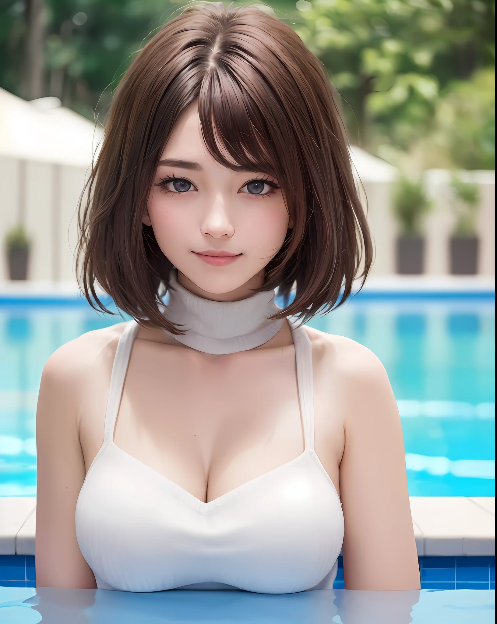 pureerosface_v1, best quality, photorealistic, 8k, high res, 1girl, woman, (skindentation), (portrait:0.6), gorgeous, dynamicpose, ((poolsidebackground:1.6)), coconut tree, ((mediumsize roundbreast, white highnecksweater:1.4)), straight-looking at viewer:1.8, (1girl eyes looking at viewer, medium-length hair, brownhair, partedbangs:1.65), (bokeh), smile:1.2, (closed mouth:1.16),