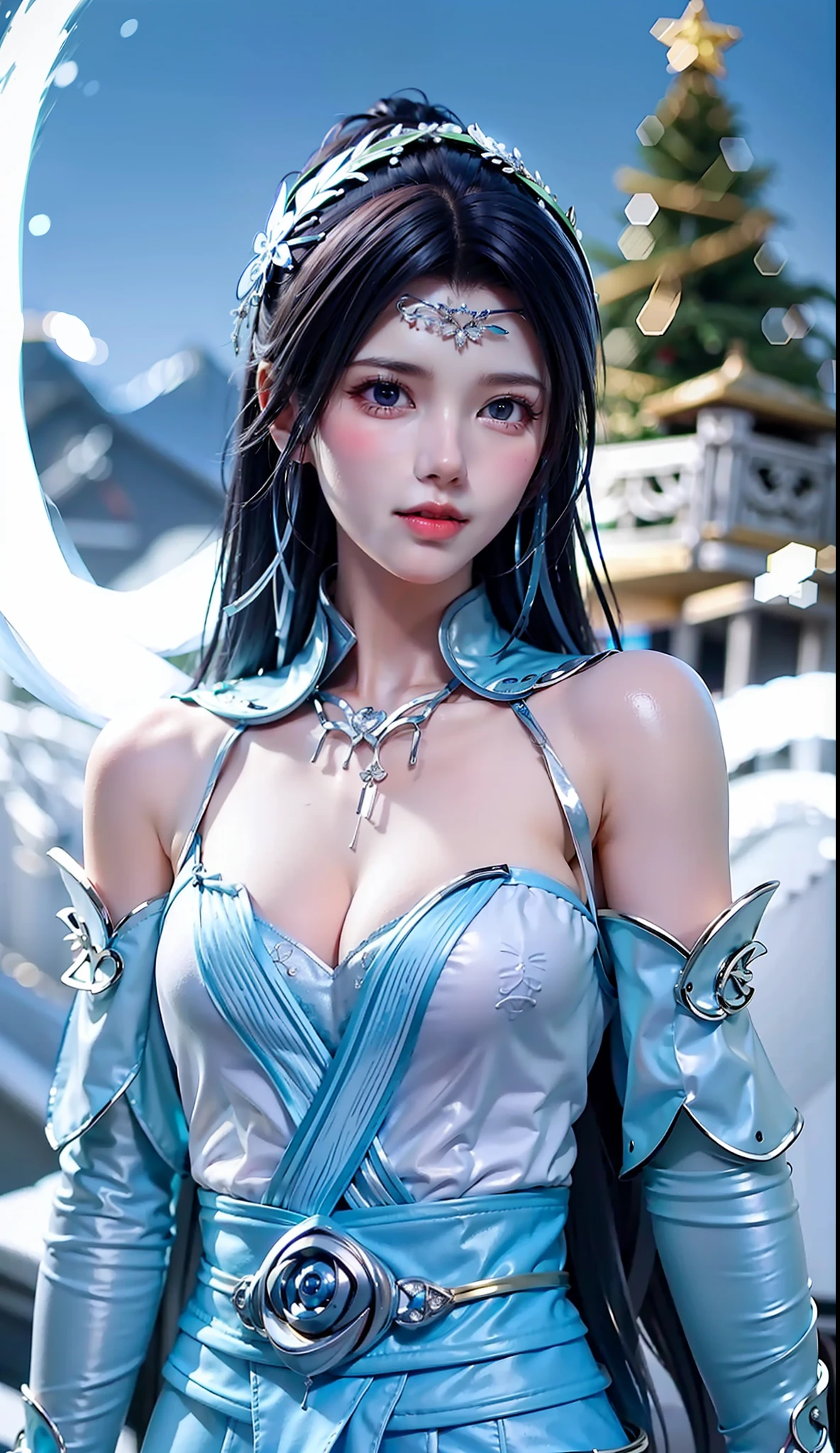 best qualtiy,tmasterpiece,Extremely Delicately Beautiful,The is very detailed,CG,unified,8k wallpaper,Beautiful Meticulous Girl,(very vey very detailed face),beatiful detailed eyes,
1girll,独奏,Background with,(Miniskirt skirt:1.3),Master shots,cultivating immortals,Snowy mountain background,There is a Christmas tree with long legs,cropped shoulders,Bigchest,high-heels,Long white socks
