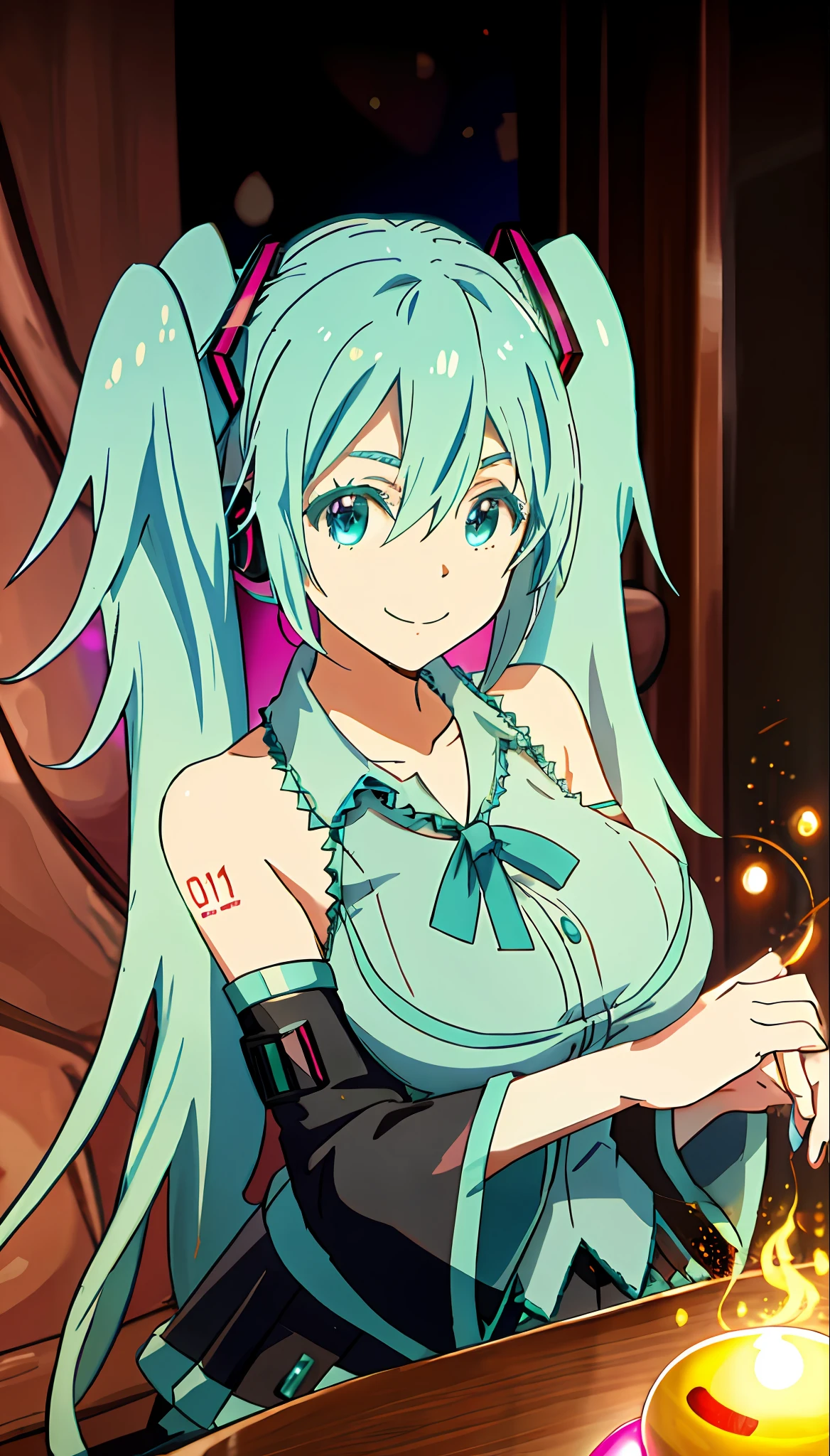 Hatsune Miku, large full breasts、A slight smile、Yan MagicAI, top-quality,