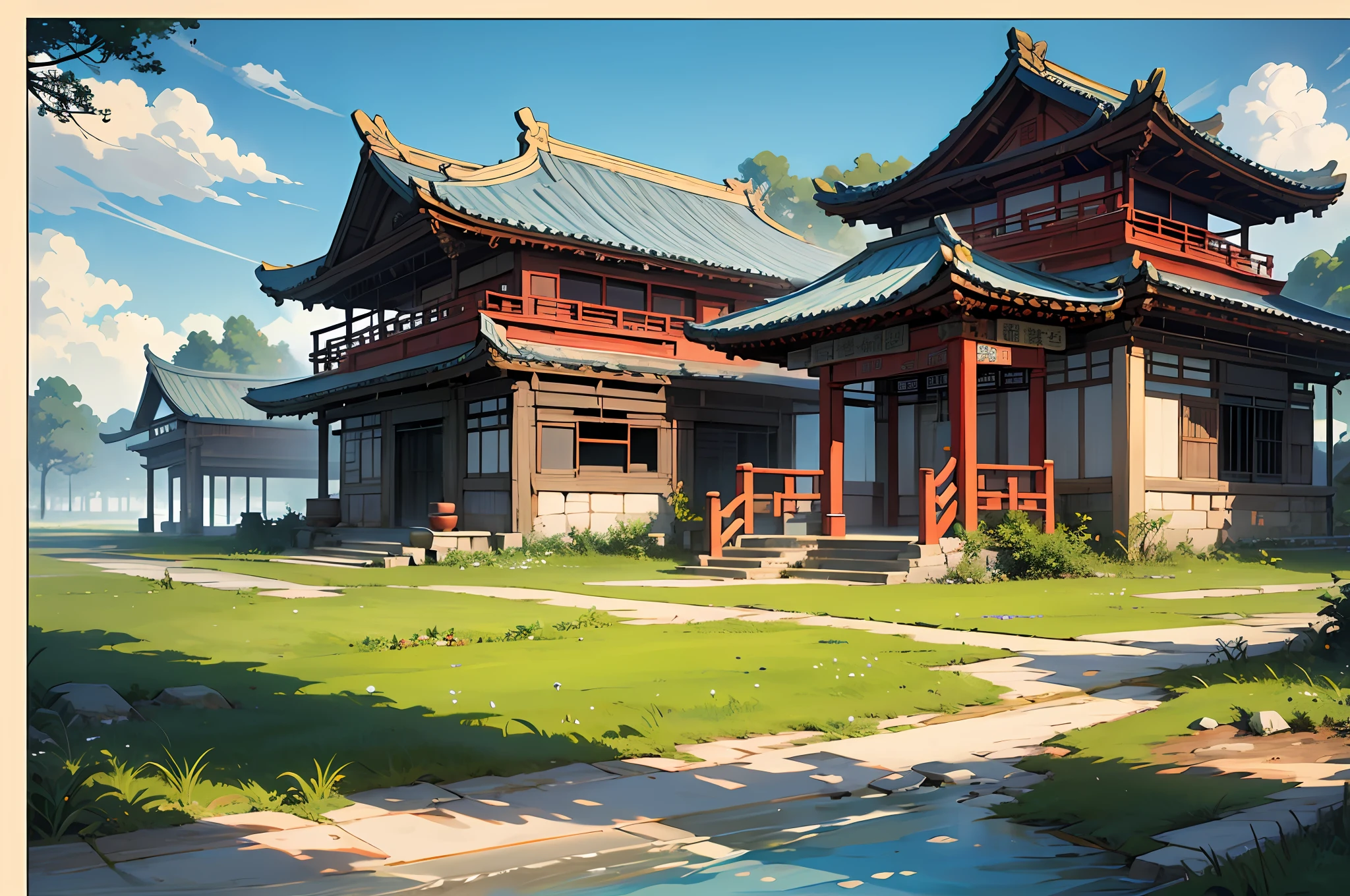 Scene map, rural China, flat view, no people, ancient Chinese style, dilapidated. 4K, bright colors. Anime fights trends on the sky. Ultra-high resolution. --auto
