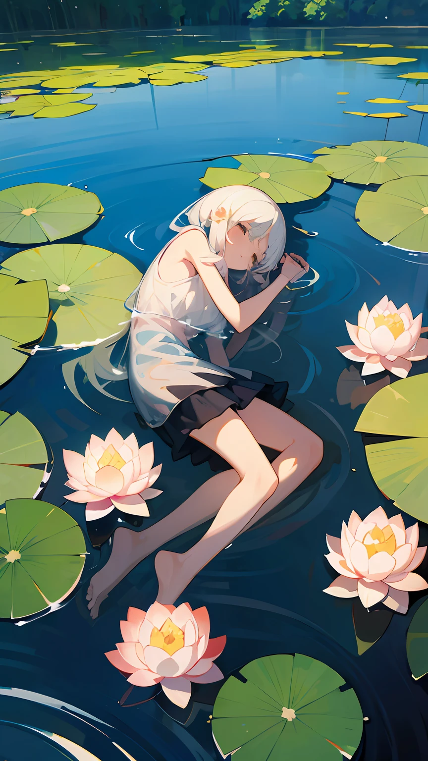夏天,Heat rush,Lotus in bloom,Tall lotus leaves,Transparent pond,Water ripple waves,water melon,Sunnyday,with blue sky and white clouds,There was a girl lying on the water --auto