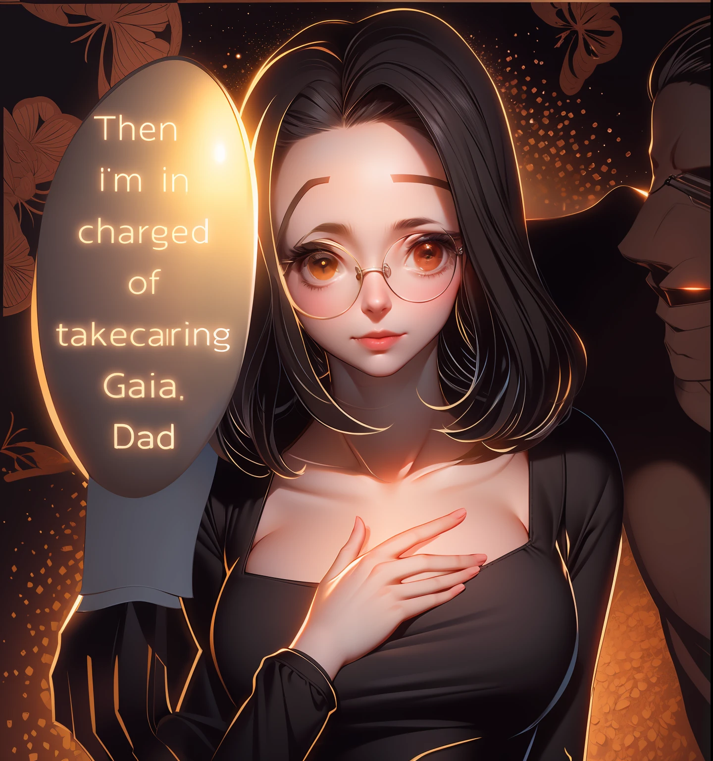 a cartoon of a woman with glasses and a man with a speech bubble, it has a piercing gaze, her gaze is downcast, detailed fanart, she has a distant expression, caring fatherly wide forehead, high quality fanart, official fanart, but a stern look about her, colored manga panel, she is facing the camera, in manga style, award winning manga style,masterpiece, best quality, (extremely detailed CG unity 8k wallpaper), (best quality), (best illustration), (best shadow), absurdres, realistic lighting, (Abyss), beautiful detailed glow