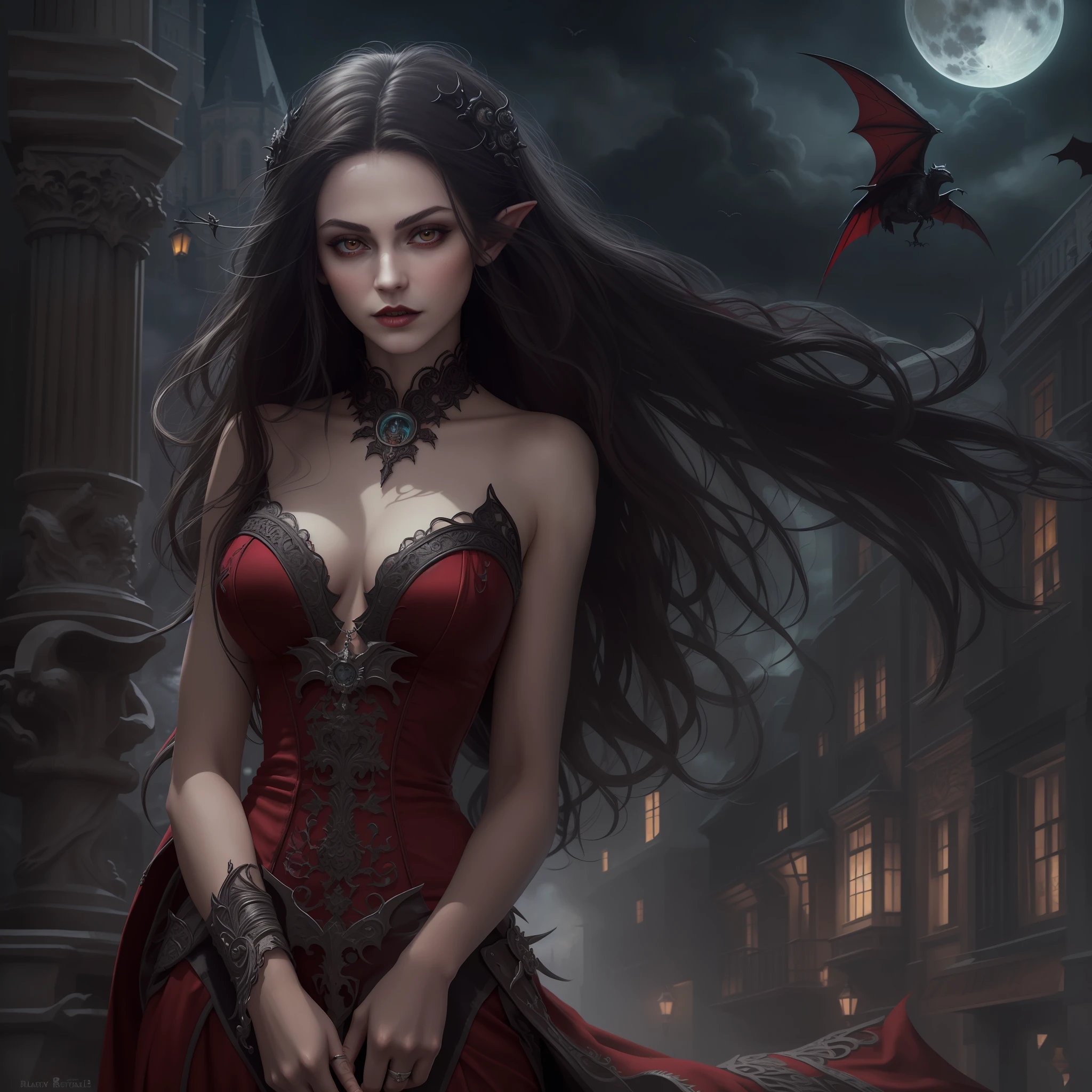 arafed, dark fantasy art, gothic art, (masterpiece:1.5), full body best details, highly detailed, best quality, highres, full body portrait of a vampire, elf (1.6, Masterpiece, best quality), ultra feminine (1.4 intricate details, Masterpiece, best quality) with a long curvy hair, dark color hair, red eyes (1.3 fantasy art, Masterpiece, best quality), ((beautiful delicate face)), Ultra Detailed Face (1.4 intricate details, fantasy art, Masterpiece, best quality), [visible vampiric fangs] (1.6 intricate details, fantasy art, Masterpiece, best quality), [anatomically correct] red cloak, flowing cloak (1.4 intricate details, fantasy art, Masterpiece, best quality), wearing an intricate leather [white] dress (1.4 intricate details, gothic art, Masterpiece, best quality), high heeled boots, blood dripping on lips, urban background (intense details, beat details), fantasy, at night light, natural ,moon light, soft moon light, moon rays, clouds, gothic atmosphere, gothic street background, bats flying in background, soft light, dynamic light, [[anatomically correct]], high details, best quality, 8k, [ultra detailed], masterpiece, best quality, (extremely detailed), dynamic angle, ultra wide shot, RAW, photorealistic