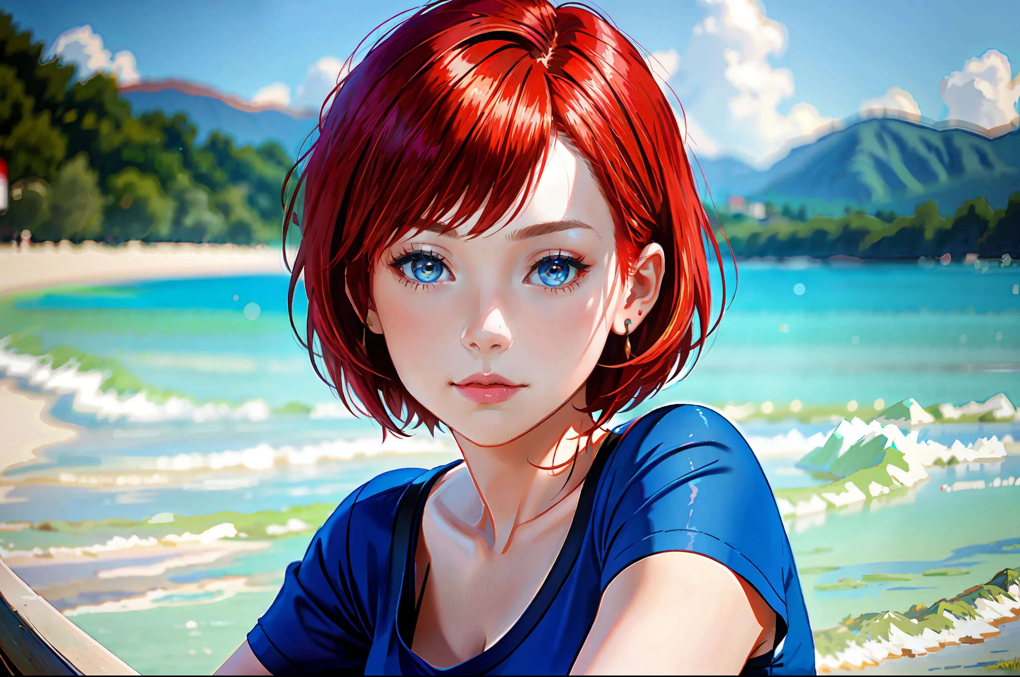 there is a young woman with a short hair and a blue shirt, a redheaded young woman, soft portrait shot 8 k, photo of young woman, perfectly centered portrait, 7 0 mm portrait, red haired young woman, 4 k asymmetrical portrait, head centered portrait, 60mm portrait, landscaape