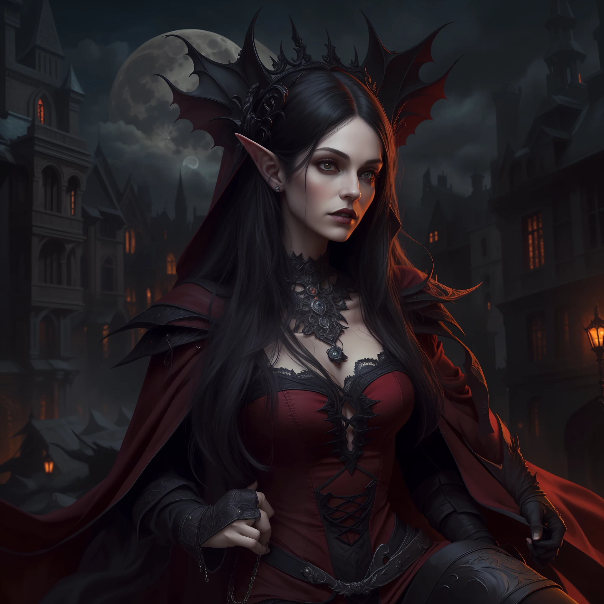 arafed, dark fantasy art, gothic art, (masterpiece:1.5), full body best details, highly detailed, best quality, highres, full body portrait of a vampire, elf (1.6, Masterpiece, best quality), ultra feminine (1.4 intricate details, Masterpiece, best quality) with a long curvy hair, dark color hair, red eyes (1.3 fantasy art, Masterpiece, best quality), ((beautiful delicate face)), Ultra Detailed Face (1.4 intricate details, fantasy art, Masterpiece, best quality), [visible vampiric fangs] (1.6 intricate details, fantasy art, Masterpiece, best quality), [anatomically correct] red cloak, flowing cloak (1.4 intricate details, fantasy art, Masterpiece, best quality), wearing an intricate leather [white] dress (1.4 intricate details, gothic art, Masterpiece, best quality), high heeled boots, blood dripping on lips, urban background (intense details, beat details), fantasy, at night light, natural ,moon light, soft moon light, moon rays, clouds, gothic atmosphere, gothic street background, bats flying in background, soft light, dynamic light, [[anatomically correct]], high details, best quality, 8k, [ultra detailed], masterpiece, best quality, (extremely detailed), dynamic angle, ultra wide shot, RAW, photorealistic