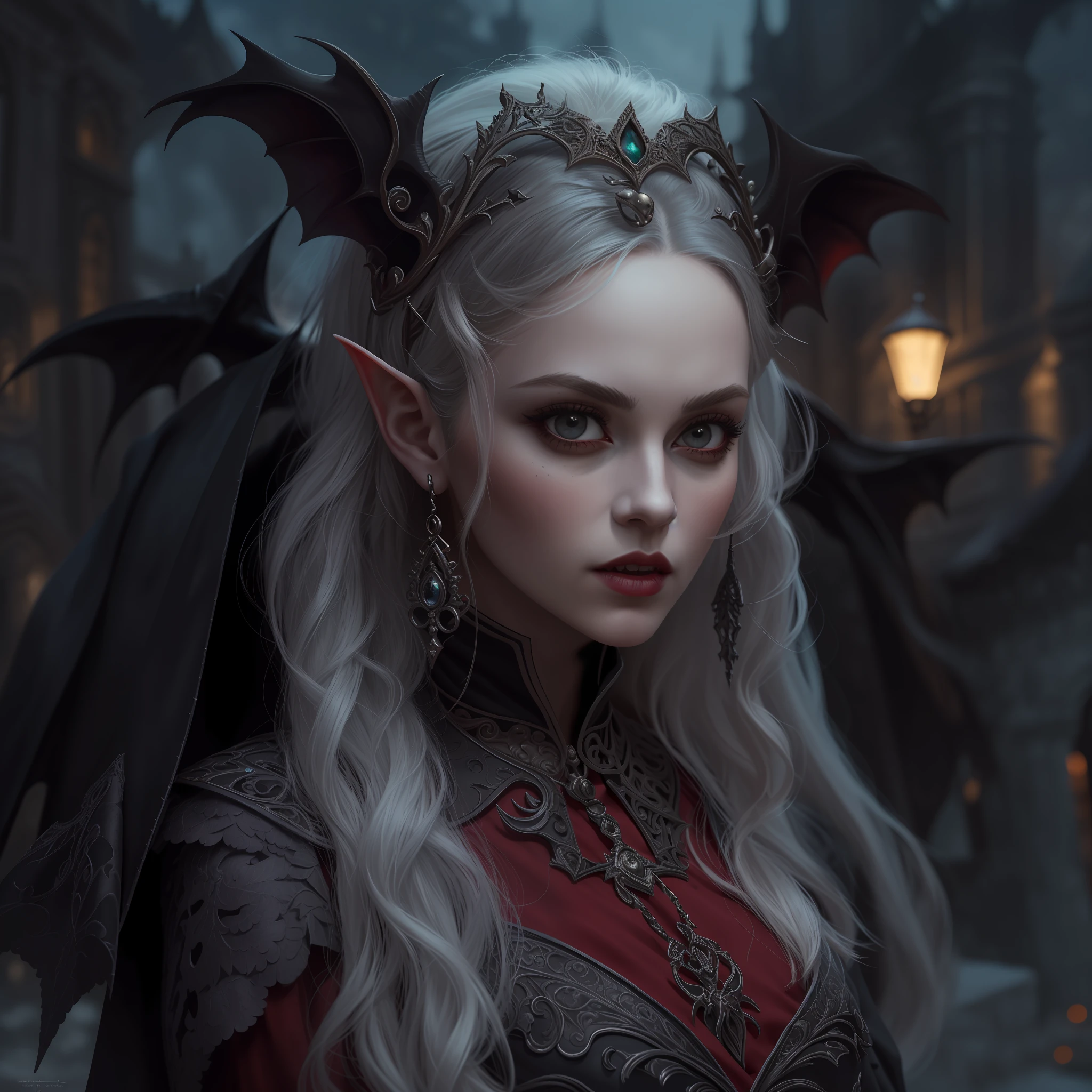 arafed, dark fantasy art, gothic art, (masterpiece:1.5), full body best details, highly detailed, best quality, highres, full body portrait of a vampire, elf (1.6, Masterpiece, best quality), ultra feminine (1.4 intricate details, Masterpiece, best quality) with a long curvy hair, dark color hair, red eyes (1.3 fantasy art, Masterpiece, best quality), ((beautiful delicate face)), Ultra Detailed Face (1.4 intricate details, fantasy art, Masterpiece, best quality), [visible vampiric fangs] (1.6 intricate details, fantasy art, Masterpiece, best quality), [anatomically correct] red cloak, flowing cloak (1.4 intricate details, fantasy art, Masterpiece, best quality), wearing an intricate leather [white] dress (1.4 intricate details, gothic art, Masterpiece, best quality), high heeled boots, blood dripping on lips, urban background (intense details, beat details), fantasy, at night light, natural ,moon light, soft moon light, moon rays, clouds, gothic atmosphere, gothic street background, bats flying in background, soft light, dynamic light, [[anatomically correct]], high details, best quality, 8k, [ultra detailed], masterpiece, best quality, (extremely detailed), dynamic angle, ultra wide shot, RAW, photorealistic