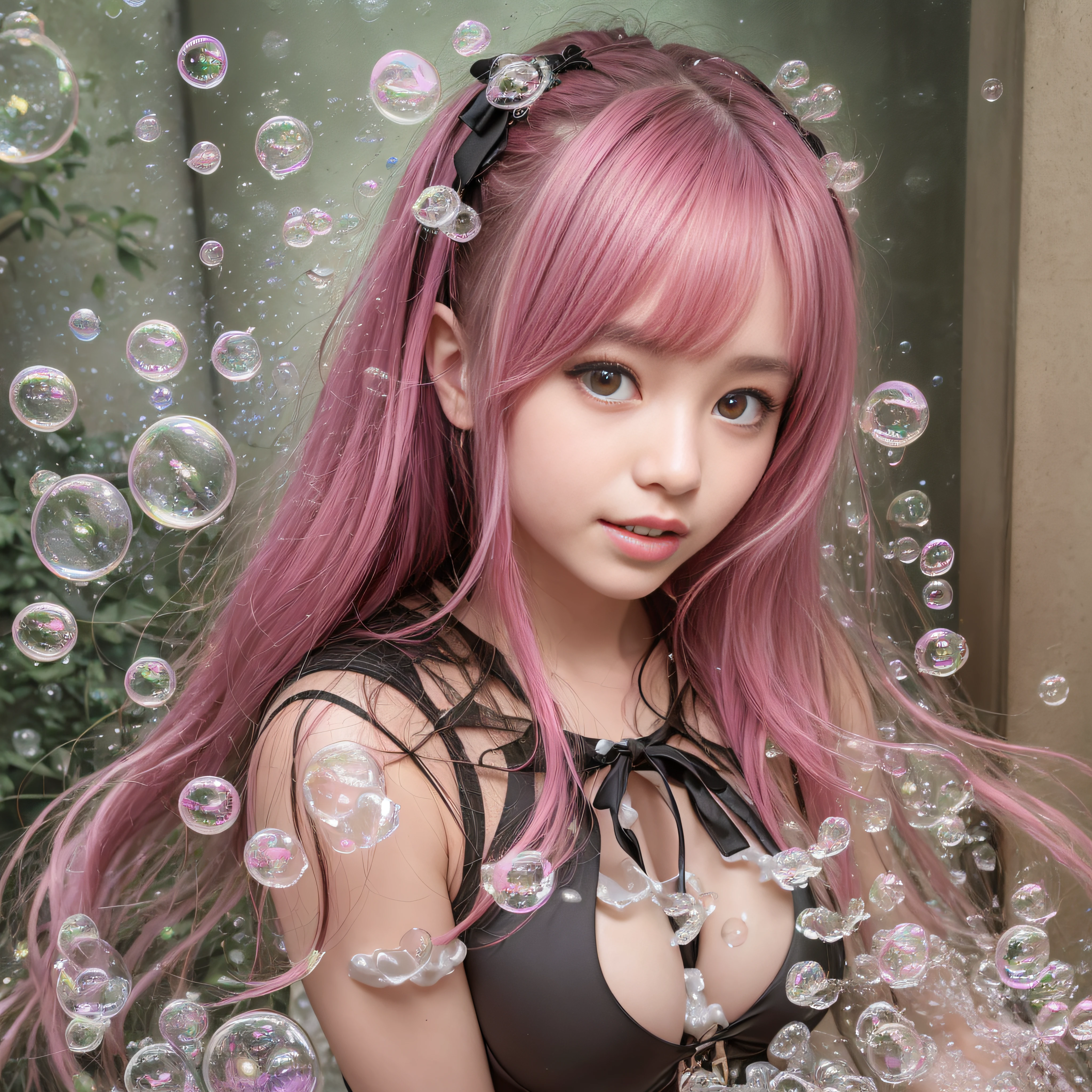 Pink hair、A smile、Pink costume、hugetits、hugetits、Delusional milk、Transverse breasts、Lower breast、Hami milk、Taking a bubble bath、Covered in bubbles、(((Covered in soap bubbles)))、Beautiful cute flowers、Gentle light is shining、length hair、Twin-tailed、Bun head、((Little wife costume))、kawaii faces、girl、uniformss、Lolita、16-yeaolde、Bungirl in a corset