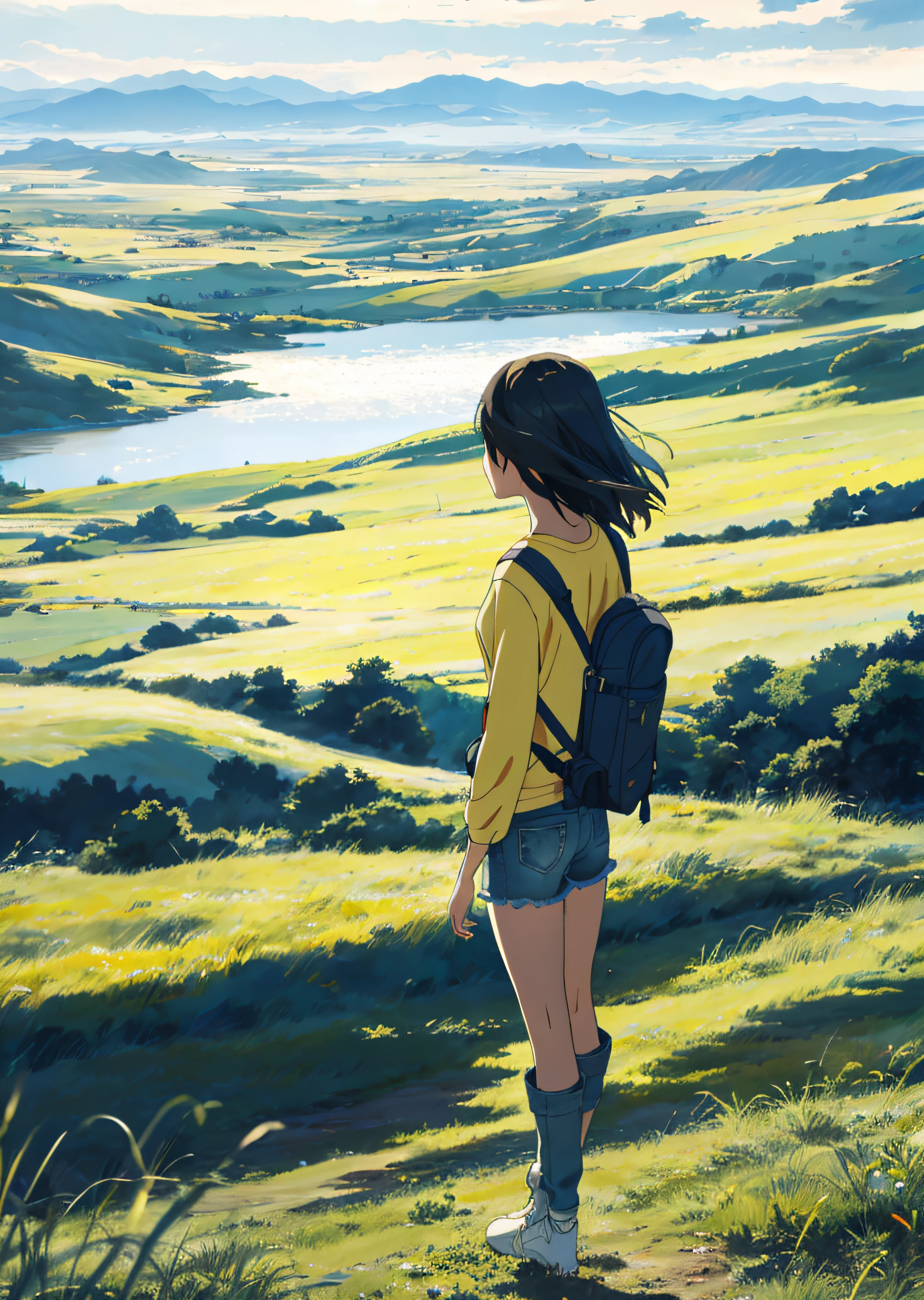 The vast sky, beautiful skyline, large grasslands, extremely tense and dramatic pictures, moving visual effects, the high-hanging Polaris, and colorful natural light. A long-sleeved top, denim shorts, and a girl with a backpack.
