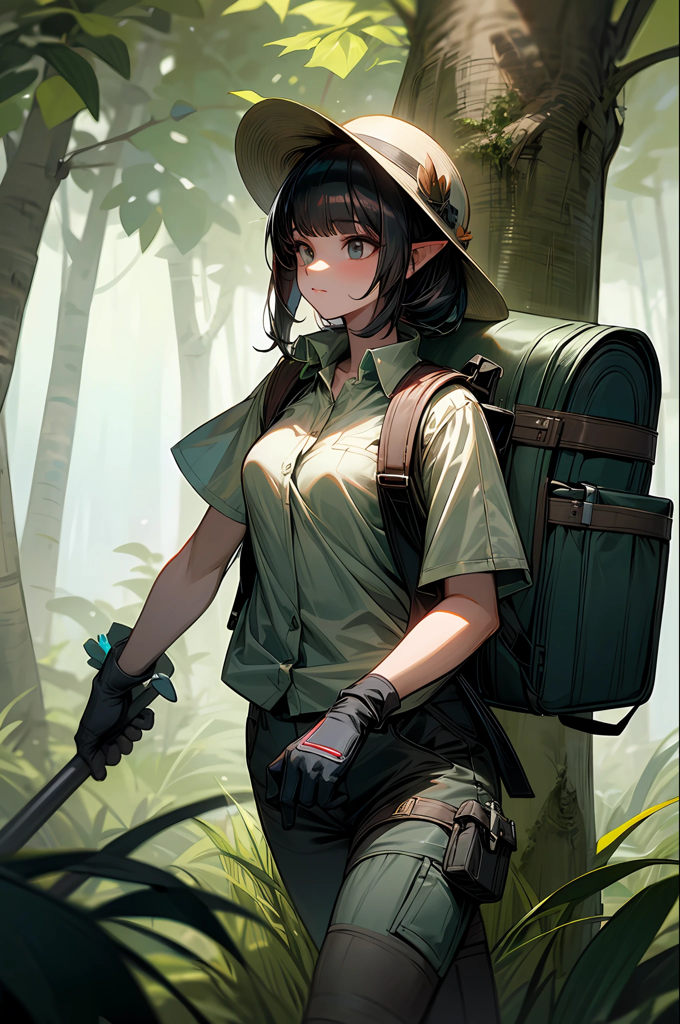 masterpiece, best quality, 1girl, solo, outside, day, forest, jungle, Eunectes, hat, adventure, jungle adventure, long medium shot, uniform, backpack, walking, grass road