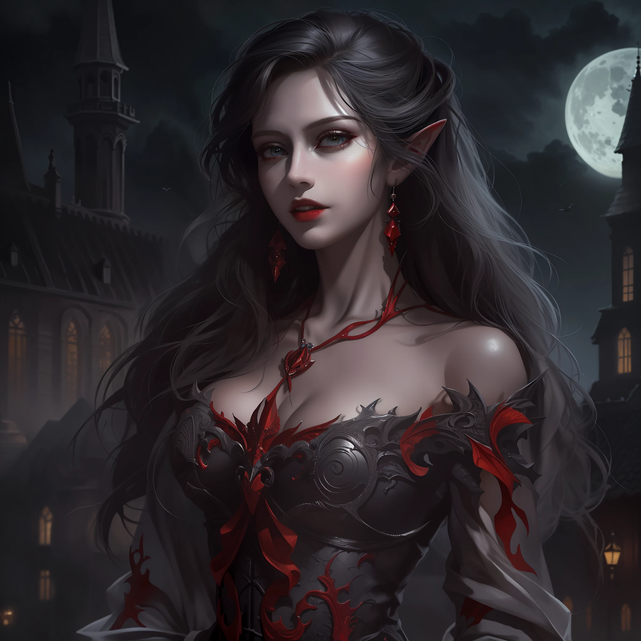 arafed, dark fantasy art, gothic art, (masterpiece:1.5), full body best details, highly detailed, best quality, highres, full body portrait of a vampire, elf (1.6, Masterpiece, best quality), ultra feminine (1.4 intricate details, Masterpiece, best quality) with a long curvy hair, dark color hair, red eyes (1.3 fantasy art, Masterpiece, best quality), ((beautiful delicate face)), Ultra Detailed Face (1.4 intricate details, fantasy art, Masterpiece, best quality), [visible vampiric fangs] (1.6 intricate details, fantasy art, Masterpiece, best quality), [anatomically correct] red cloak, flowing cloak (1.4 intricate details, fantasy art, Masterpiece, best quality), wearing an intricate leather [white] dress (1.4 intricate details, gothic art, Masterpiece, best quality), high heeled boots, blood dripping on lips, urban background (intense details, beat details), fantasy, at night light, natural ,moon light, soft moon light, moon rays, clouds, gothic atmosphere, gothic street background, bats flying in background, soft light, dynamic light, [[anatomically correct]], high details, best quality, 8k, [ultra detailed], masterpiece, best quality, (extremely detailed), dynamic angle, ultra wide shot, RAW, photorealistic