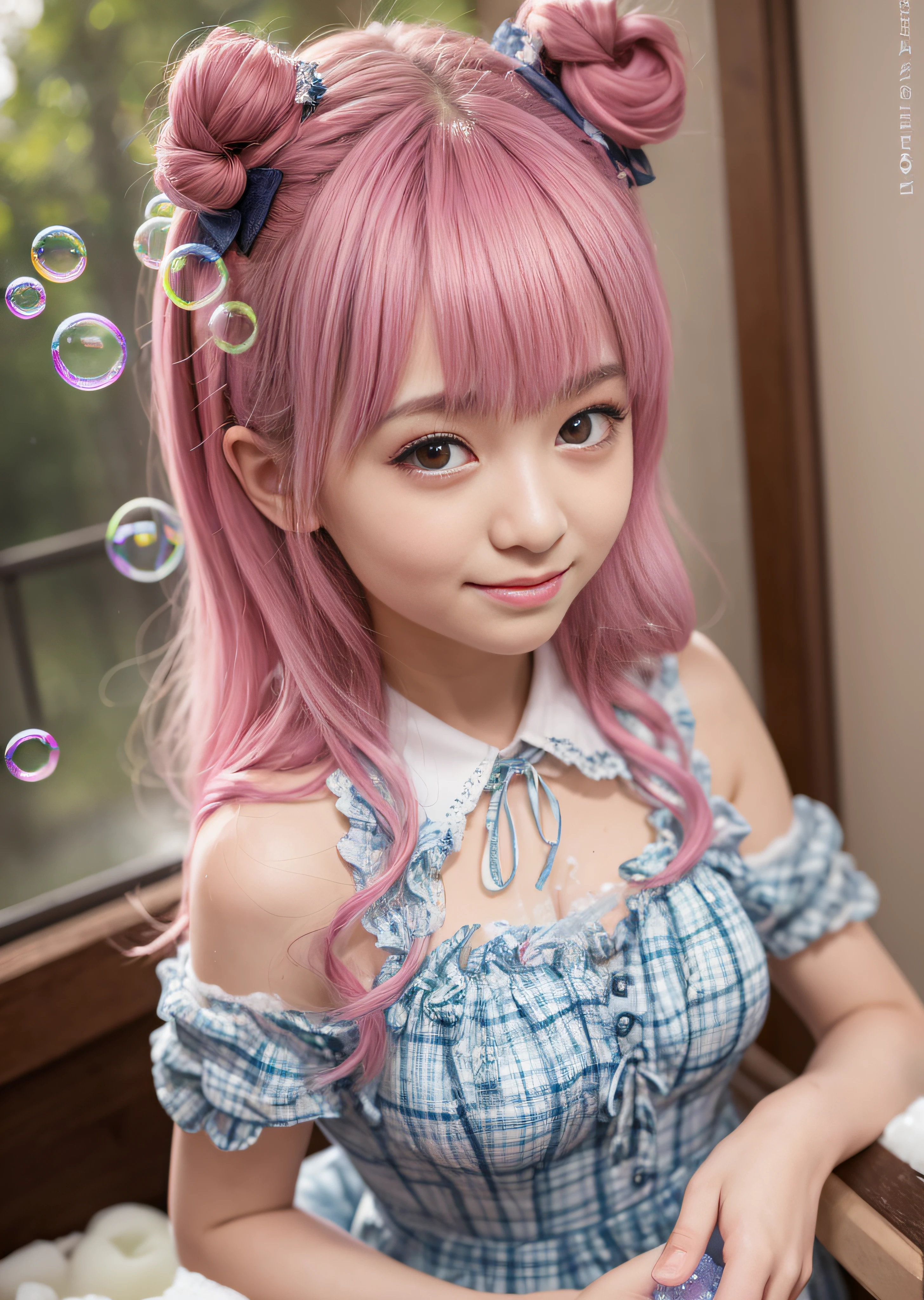Pink hair、A smile、Pink costume、hugetits、hugetits、Delusional milk、Transverse breasts、Lower breast、Hami milk、Taking a bubble bath、Covered in bubbles、(((Covered in soap bubbles)))、Beautiful cute flowers、Gentle light is shining、length hair、Twin-tailed、Bun head、((Little wife costume))、kawaii faces、girl、uniformss、Lolita、16-yeaolde、Bungirl in a corset
