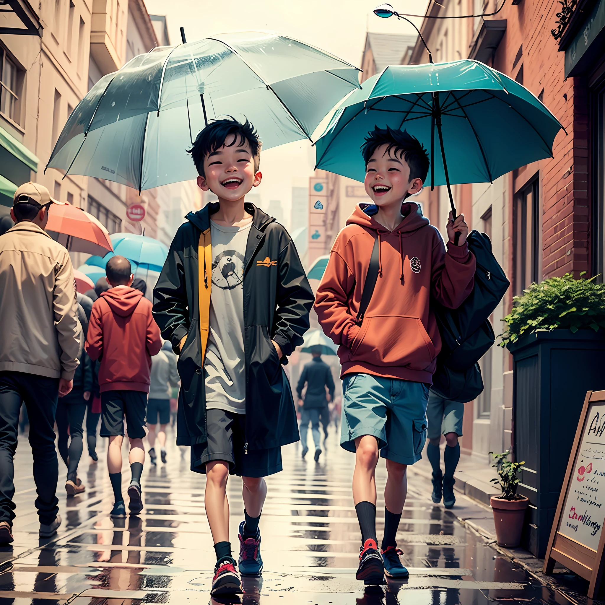 Cute picture book style illustration style Rain Cute boy laughing boy holding umbrella In town --auto
