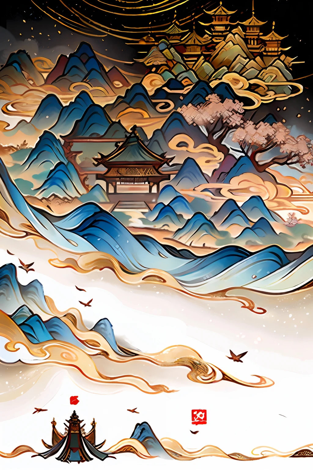 An ancient Chinese painting, ancient chinese background, mountain ranges, rios, Auspicious clouds, Pavilions, Character Pangu，Mountains and seas through exotic beasts record art characters