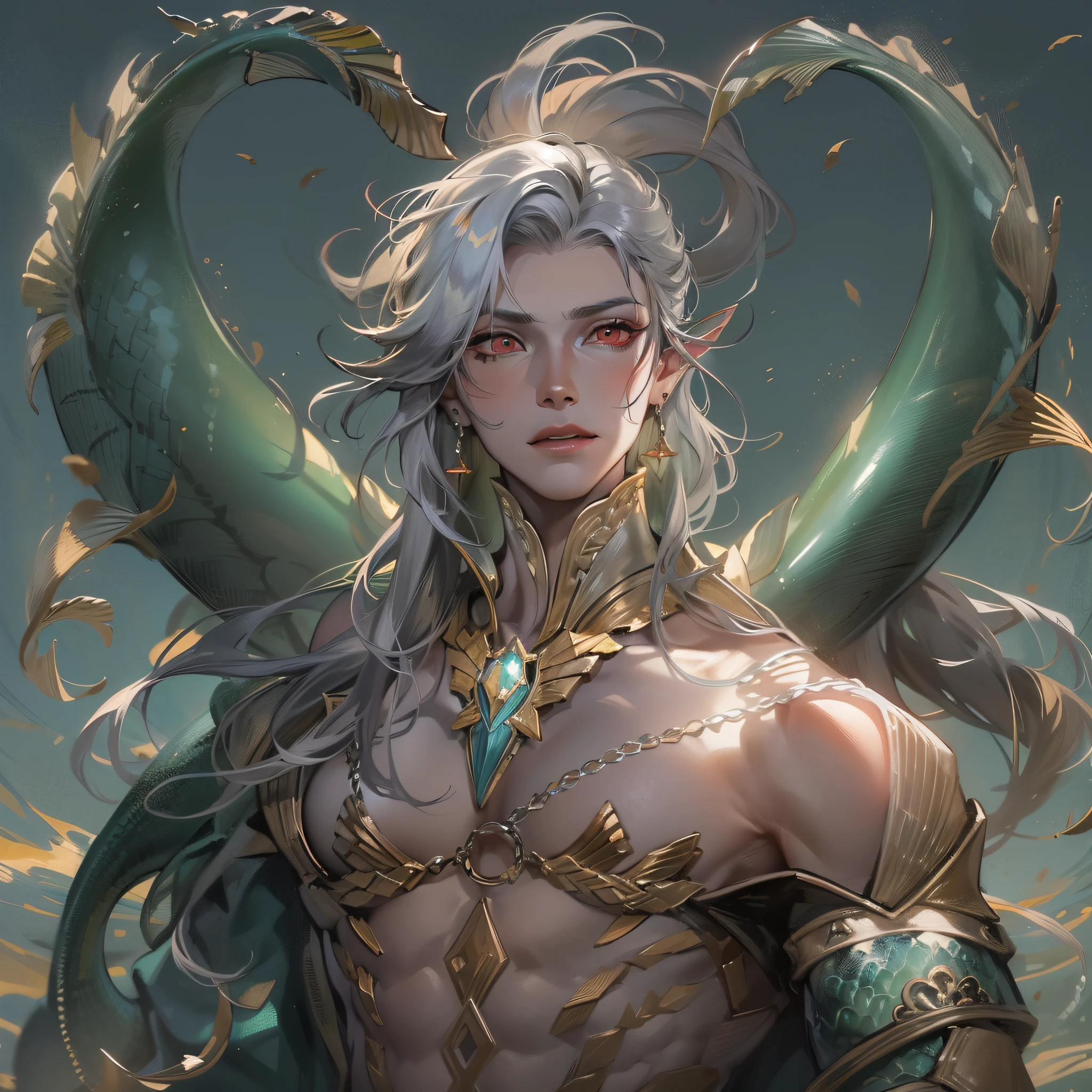 man, masculine, masculine face, attractive, muscular, (((1man))), masterpiece, absurdres, best quality ,intricate details , (shiny skin, shiny body, shiny oily luster skin, shiny hair, pale skintone), Sundown, attractive, ((muscular)), adult, one, earrings, Don't look at the view , Not looking at the view, silver hair, braided hair, perfect detailed face, perfect detailed hands, triton, fins, red eyes, triton ears, ((portait)), smirk, marine sea ornaments, open chest, ((mermaid tail)), no legs, under the sea, fishes, masculine features, masculine face, (((night))), moonlight, darkness, dark light