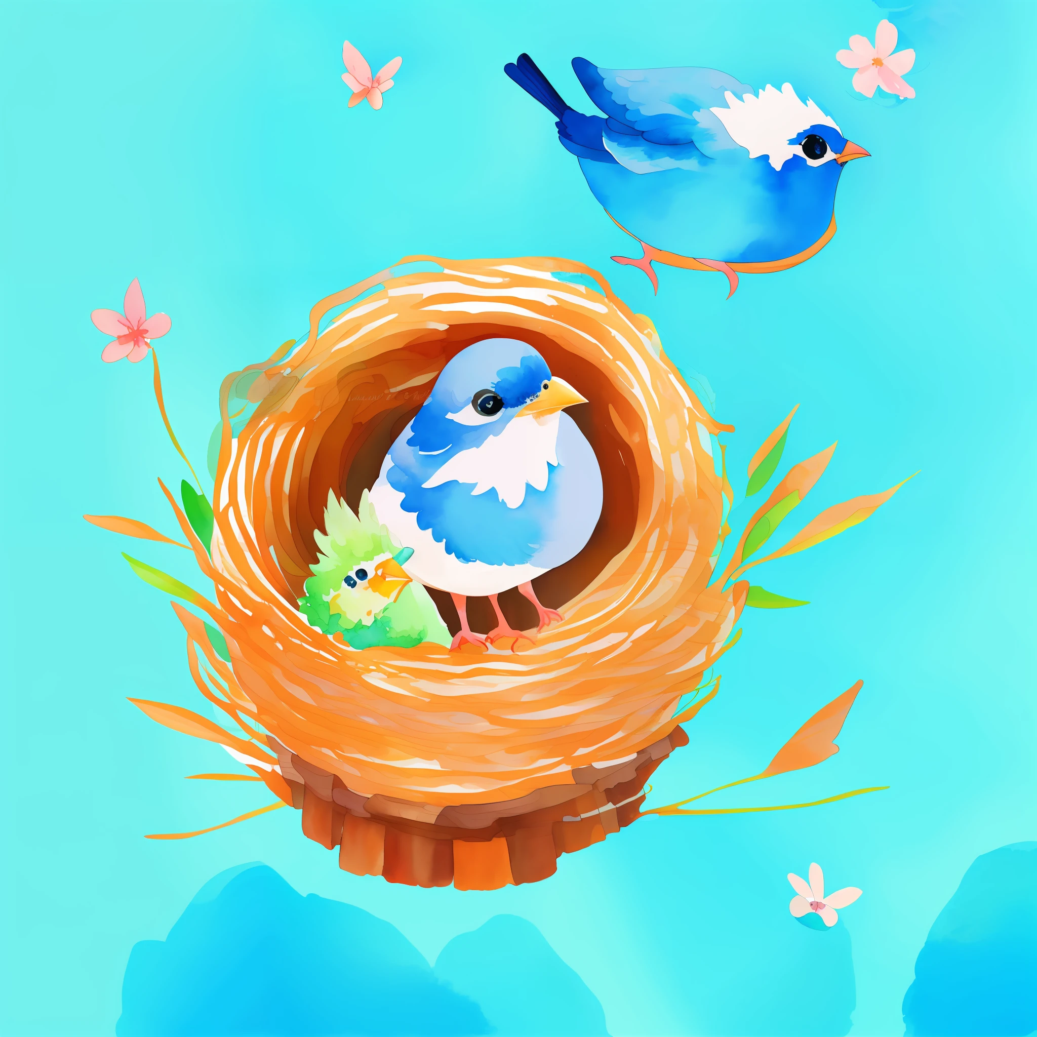 Picture book style cute watercolor style illustration style blue bird and chick baby bird bird's nest --auto