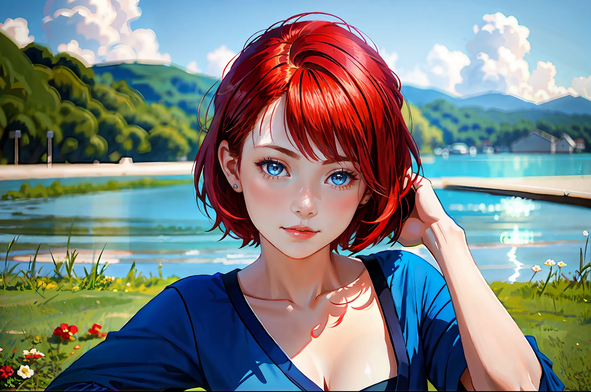 there is a young woman with a short hair and a blue shirt, a redheaded young woman, soft portrait shot 8 k, photo of young woman, perfectly centered portrait, 7 0 mm portrait, red haired young woman, 4 k asymmetrical portrait, head centered portrait, 60mm portrait, landscape