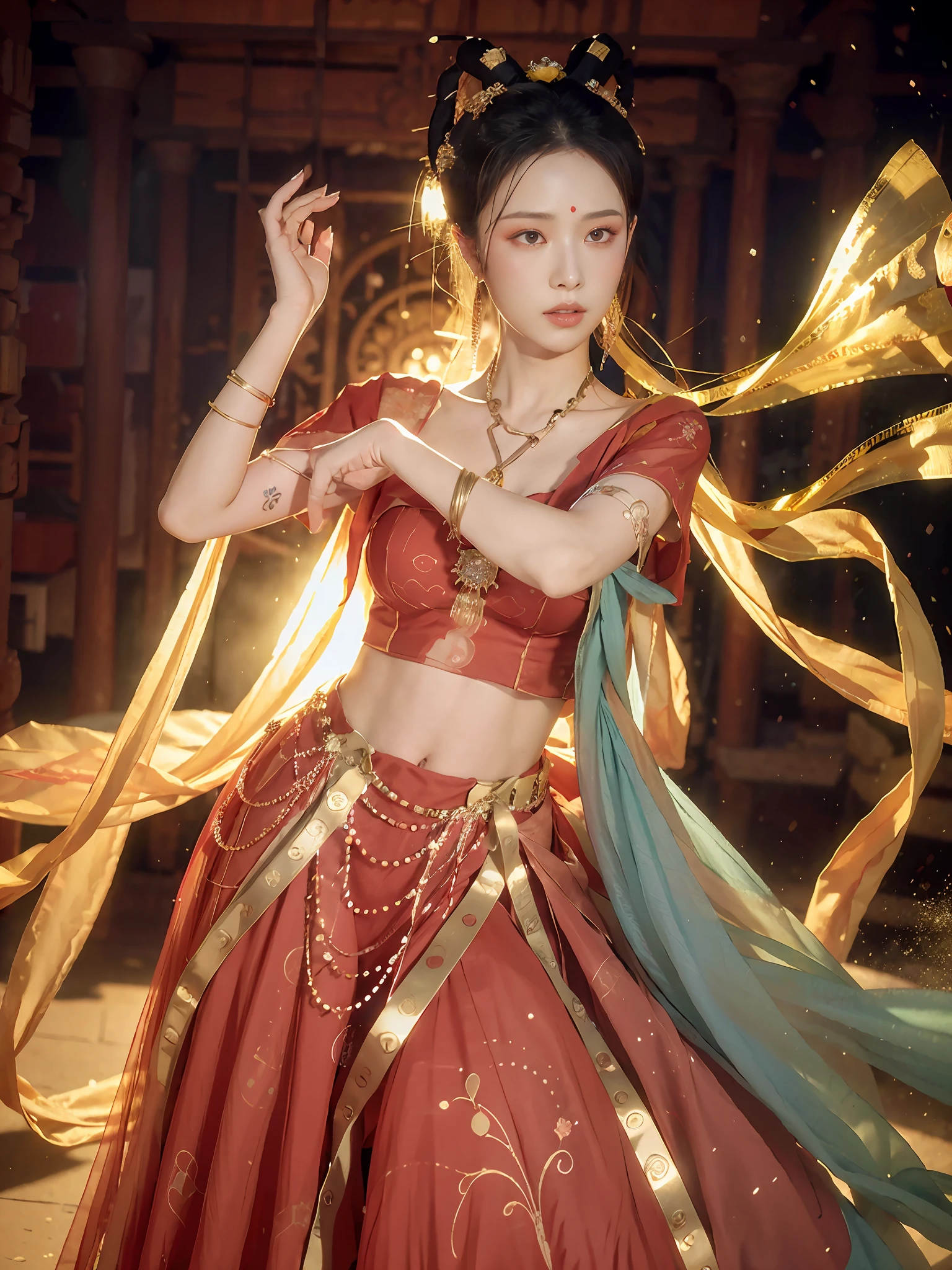 (8k, RAW photo, best quality, masterpiece:1.2), (realistic, photo-realistic:1.4), (extremely detailed CG unity 8k wallpaper), (1 girl:1.5), Western beauty, (Red clothes: 1.4), red spots on forehead, pale skin, blush, big eyes, full body, thighs, open navel, gold waist chain, gold jewelry, flying ribbons, particles, background is Loulan ancient city, ancient city wall, desert, dance, dunhuang_dress, dunhuang_style,