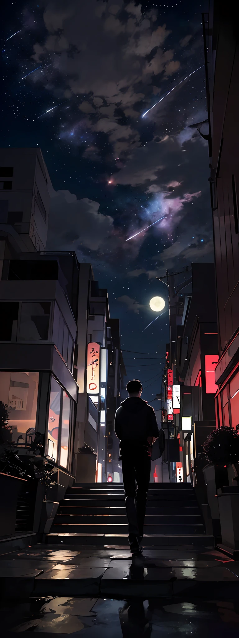 Expansive landscape photograph, (view from far away with a view of the sky and neon buildings below), a guy standing looking up the sky, 25 year old guy, short hair, black hair, glasses, loose hooded attire, dark brown skin, (full moon: 1.2), (shooting star: 0.9), (nebula: 1.3), distant buildings, tree break production art, (warm light source: 1.2), (firefly: 1.2, purple and orange, intricate detail, volume lighting, realism break (masterpiece: 1.2) (Best Quality), 4K, Ultra-Detailed, (Dynamic Configuration: 1.4), Highly Detailed and Colorful Details, (Iridescent Colors: 1.2), (Glowing Lighting, Atmospheric Lighting), Dreamy, Magical, (Solo: 1.2), tokyo