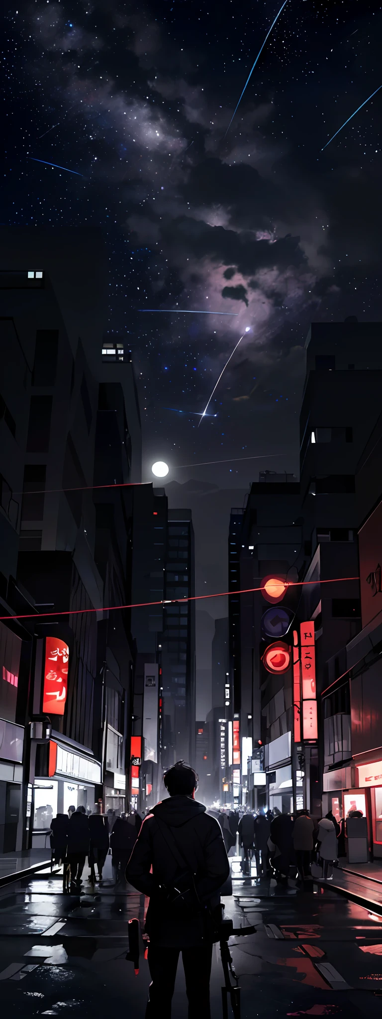 Expansive landscape photograph, (view from far away with a view of the sky and neon buildings below), a guy standing looking up the sky, 25 year old guy, short hair, black hair, glasses, loose hooded attire, dark brown skin, (full moon: 1.2), (shooting star: 0.9), (nebula: 1.3), distant buildings, tree break production art, (warm light source: 1.2), (firefly: 1.2, purple and orange, intricate detail, volume lighting, realism break (masterpiece: 1.2) (Best Quality), 4K, Ultra-Detailed, (Dynamic Configuration: 1.4), Highly Detailed and Colorful Details, (Iridescent Colors: 1.2), (Glowing Lighting, Atmospheric Lighting), Dreamy, Magical, (Solo: 1.2), tokyo