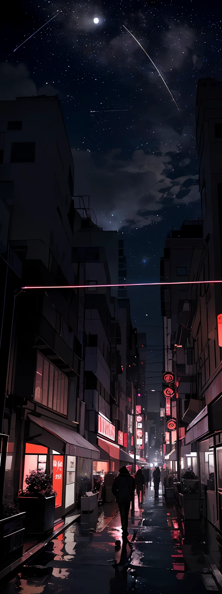 Expansive landscape photograph, (view from far away with a view of the sky and neon buildings below), a guy standing looking up the sky, 25 year old guy, short hair, black hair, glasses, loose hooded attire, dark brown skin, (full moon: 1.2), (shooting star: 0.9), (nebula: 1.3), distant buildings, tree break production art, (warm light source: 1.2), (firefly: 1.2, purple and orange, intricate detail, volume lighting, realism break (masterpiece: 1.2) (Best Quality), 4K, Ultra-Detailed, (Dynamic Configuration: 1.4), Highly Detailed and Colorful Details, (Iridescent Colors: 1.2), (Glowing Lighting, Atmospheric Lighting), Dreamy, Magical, (Solo: 1.2), tokyo