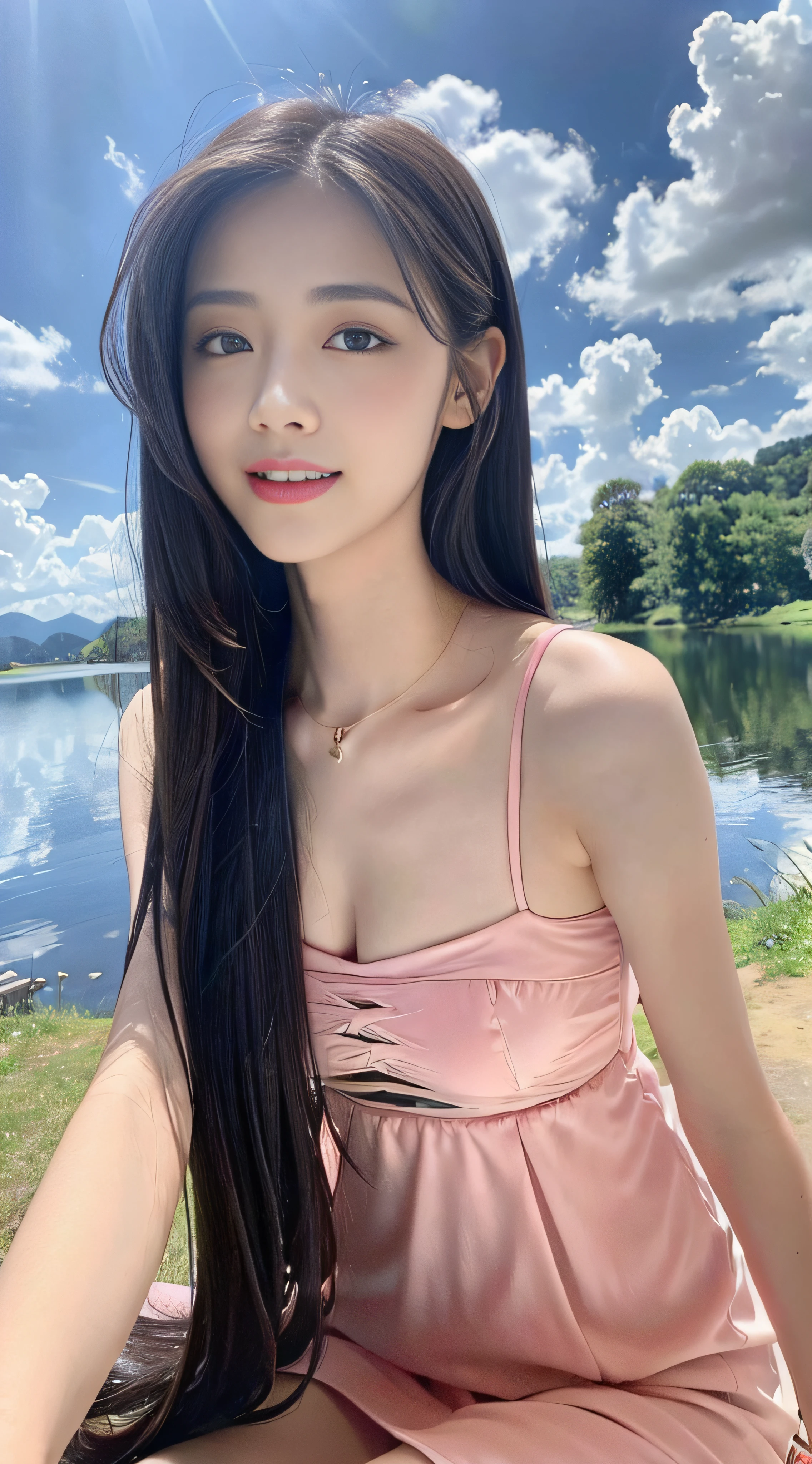 ((best qualtiy, 8K, tmasterpiece:1.3)), A pretty maiden，Pure，Melon seed face，gentle and cute，Thin stature，[Detached sleeves::0],  [capri pants::0]，Black silky straight hair，round black big eyes，Clear big eyes，Hydrated red lips，Sweet Royal，at the lakes，with blue sky and white clouds，rays of sunshine，Idyllic background，Sweet smile， (full bodyesbian:1.3), Pink dress:1.1, close-up all over the body