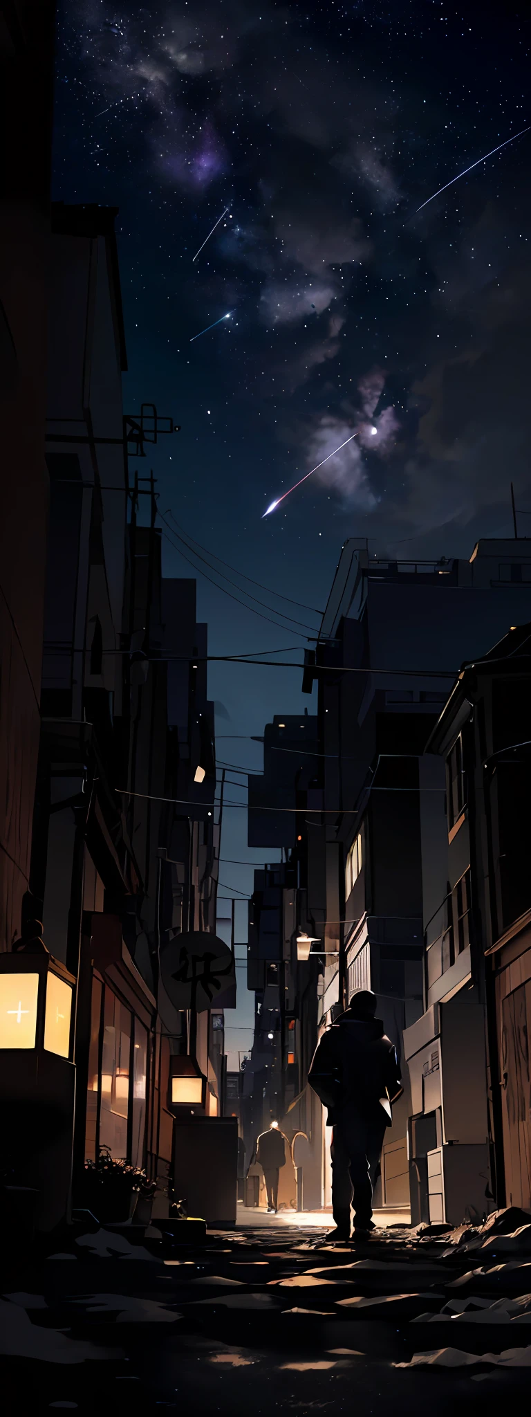 Expansive landscape photograph, (view from far away with a view of the sky and neon buildings below), a guy standing looking up the sky, 25 year old guy, short hair, black hair, glasses, loose hooded attire, dark brown skin, (full moon: 1.2), (shooting star: 0.9), (nebula: 1.3), distant buildings, tree break production art, (warm light source: 1.2), (firefly: 1.2, purple and orange, intricate detail, volume lighting, realism break (masterpiece: 1.2) (Best Quality), 4K, Ultra-Detailed, (Dynamic Configuration: 1.4), Highly Detailed and Colorful Details, (Iridescent Colors: 1.2), (Glowing Lighting, Atmospheric Lighting), Dreamy, Magical, (Solo: 1.2), tokyo