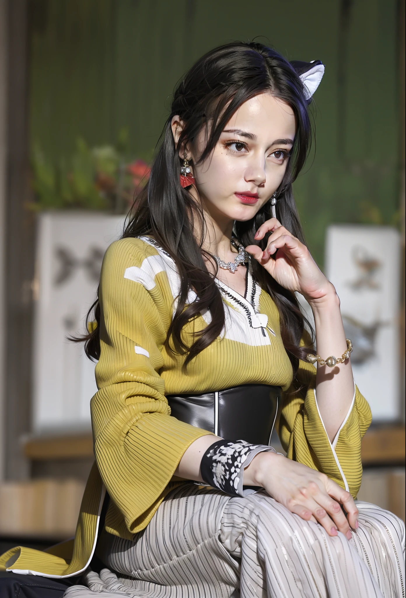 Masterpiece, Superb Piece, Hanfukozue, 1Girl, Tiger, Brush, Long Hair, Bun, Bun, Brush, Brush, Hanfu, Hanfu, Hand Hidden in Sleeve, Full Body Photo. Standing, brush, bangs, solo, year of the tiger, black hair, white tiger, jewelry, long sleeves, holding, sitting, yellow eyes, bow, necklace, hair accessories, wide sleeves, red bow, blunt bangs, fur trim, closed mouth, ribbon, dress, shawl, tassel, animal print, red ribbon, animal, extra long hair, hands up, ink, bow tie, coat, headband, zodiac sign, rolling, looking at the audience, hair flower, side hair, earrings, brown hair, flower,