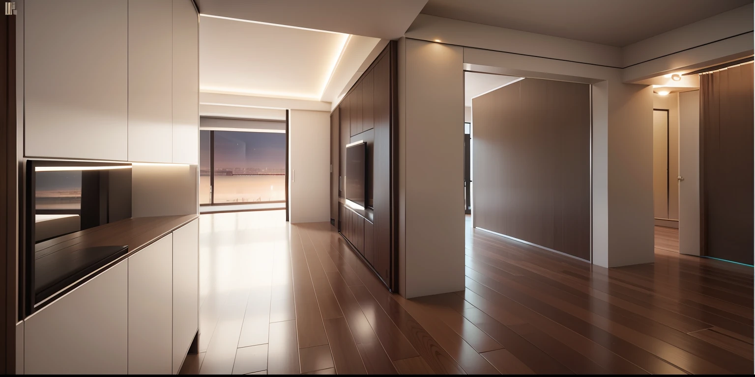 Interior design living room floor plan, modern minimalist style decoration, multi-angle display, 3d rendering, comfortable interior lighting, super detail, movies, furniture and windows in the evening, 8K --auto