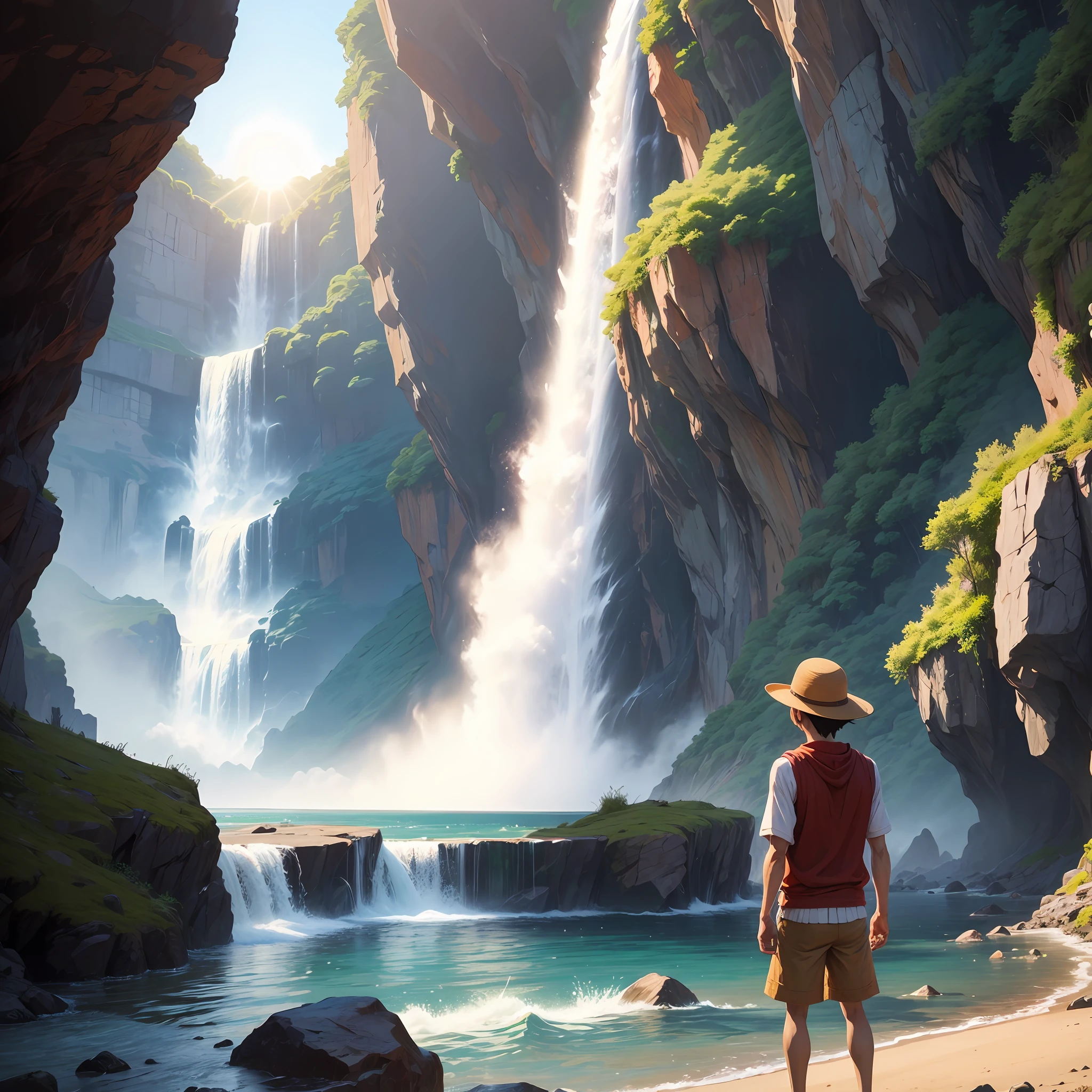 Monchi S. D. Luffy turned his back to the camera, his left hand drooped and his right finger was in the sky,Background waterfall,The sun rises,epic sense, --auto