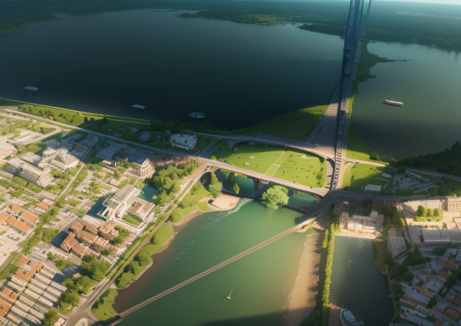 a plan of a park with a lot of trees and buildings in the background, lake,Bridges,(extremely detailed CG unity 8k wall --auto