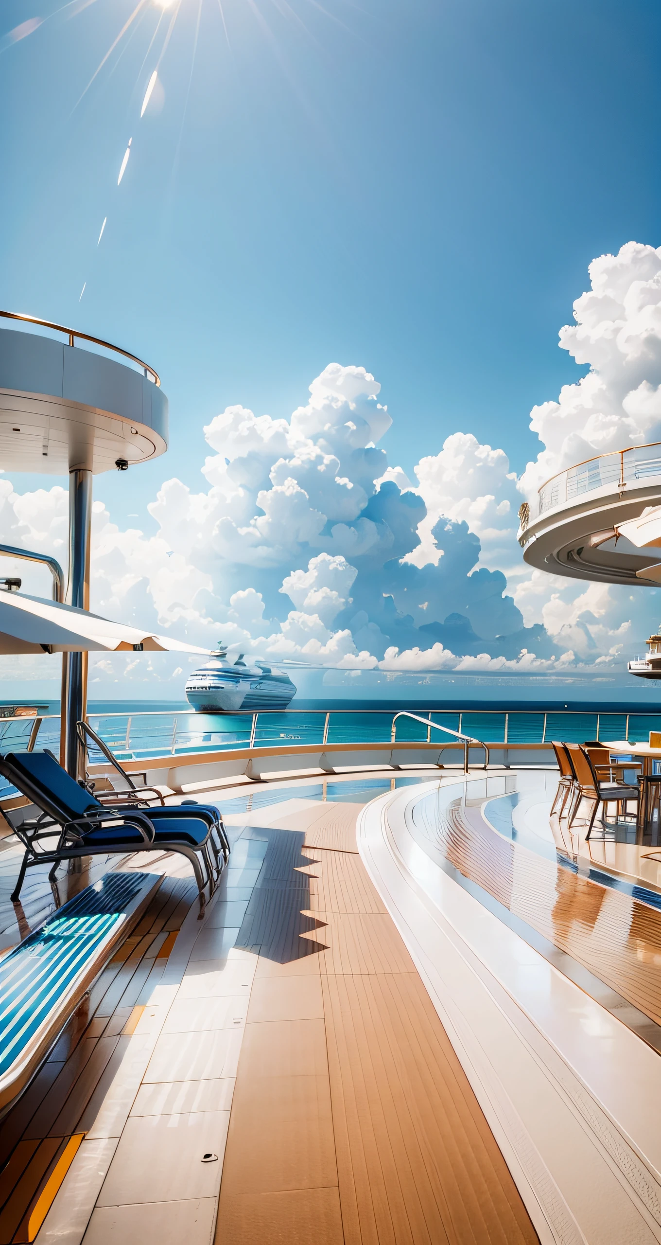 Observation deck outside the cruise ship,In the daytime,Mare,blue-sky,The field of view is wide,party,On deck stood boys and girls in swimsuits