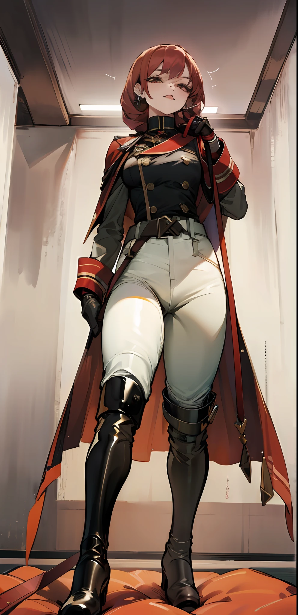 Mature female, standing, full body, authority, leather outfit, dominant, (muscular:0.5), long sleeves, black gloves, double-breasted, (black knee-high boots:1.4), (white pants:1.2), slim, devious, seductive, evil, confident, harness, belt, cape, standing, dungeon, bedroom, military uniform, looking at viewer, leash, from below