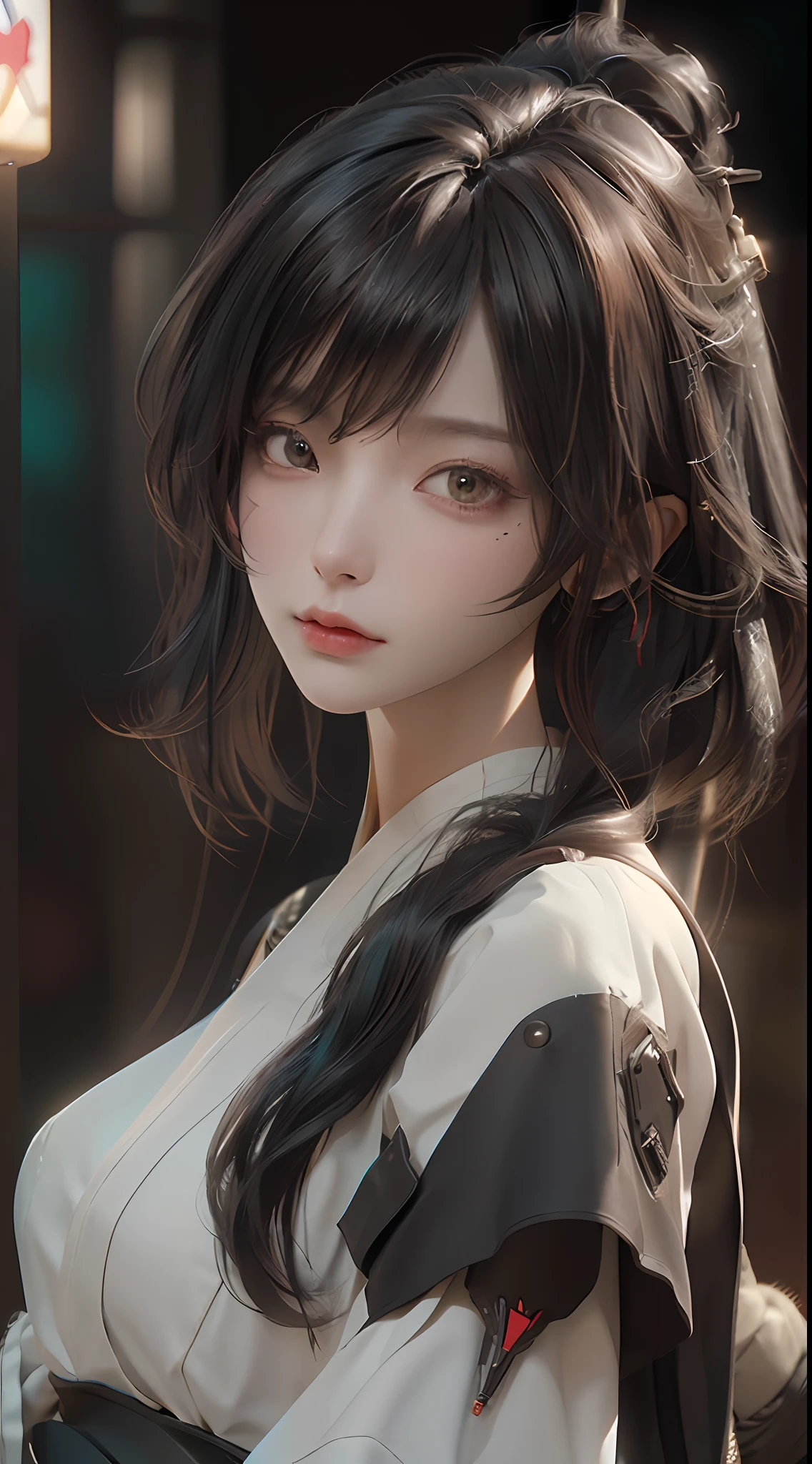 ((best qualtiy)), ((tmasterpiece)), (the detail:1.4), 3D, A beautiful cyberpunk female image,HDR(HighDynamicRange),Ray traching,NVIDIA RTX,Super-Resolution,Unreal 5,Subsurface scattering、PBR Texture、post-proces、Anisotropy Filtering、depth of fields、maximum definition and sharpness、Many-Layer Textures、Albedo e mapas Speculares、dishiveredhair,Long black hair surface coloring、Accurate simulation of light-material interactions、perfectly proportions、Octane Render、Two-colored light、largeaperture、Low ISO、White balance、the rule of thirds、8K RAW、