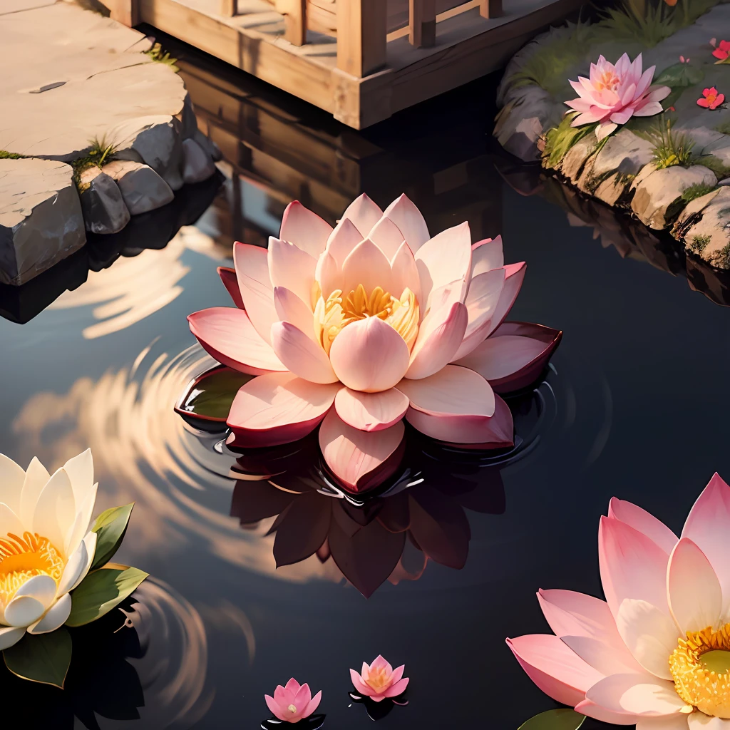 Create banner with 2.048 x 1.152 pixels features a serene landscape, with a beautiful sunrise or sunset casting a warm glow over a tranquil scene. A peaceful lake or a field of blooming flowers may be included to evoke a sense of harmony with nature. consists of a calm and serene lotus flower at the center, symbolizing purity and enlightenment. Surrounding the lotus flower is a gentle circular border, representing the unity and wholeness of mindfulness. The text "Mindfulness Guide" is elegantly placed below the lotus in a soothing font, emphasizing the channel's name. --auto