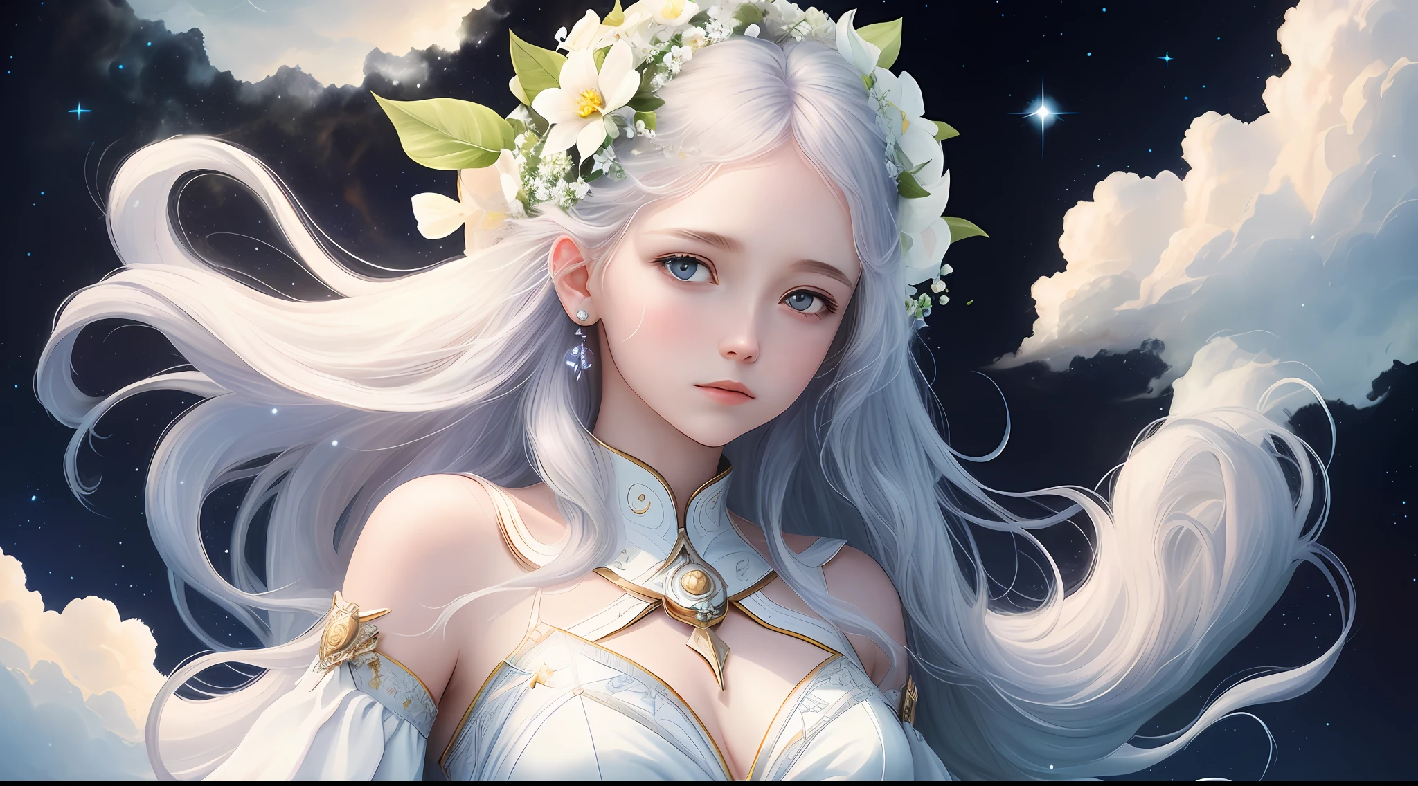 celestial goddess, floating, clouds,galaxy,nebula,big white flowers in hair