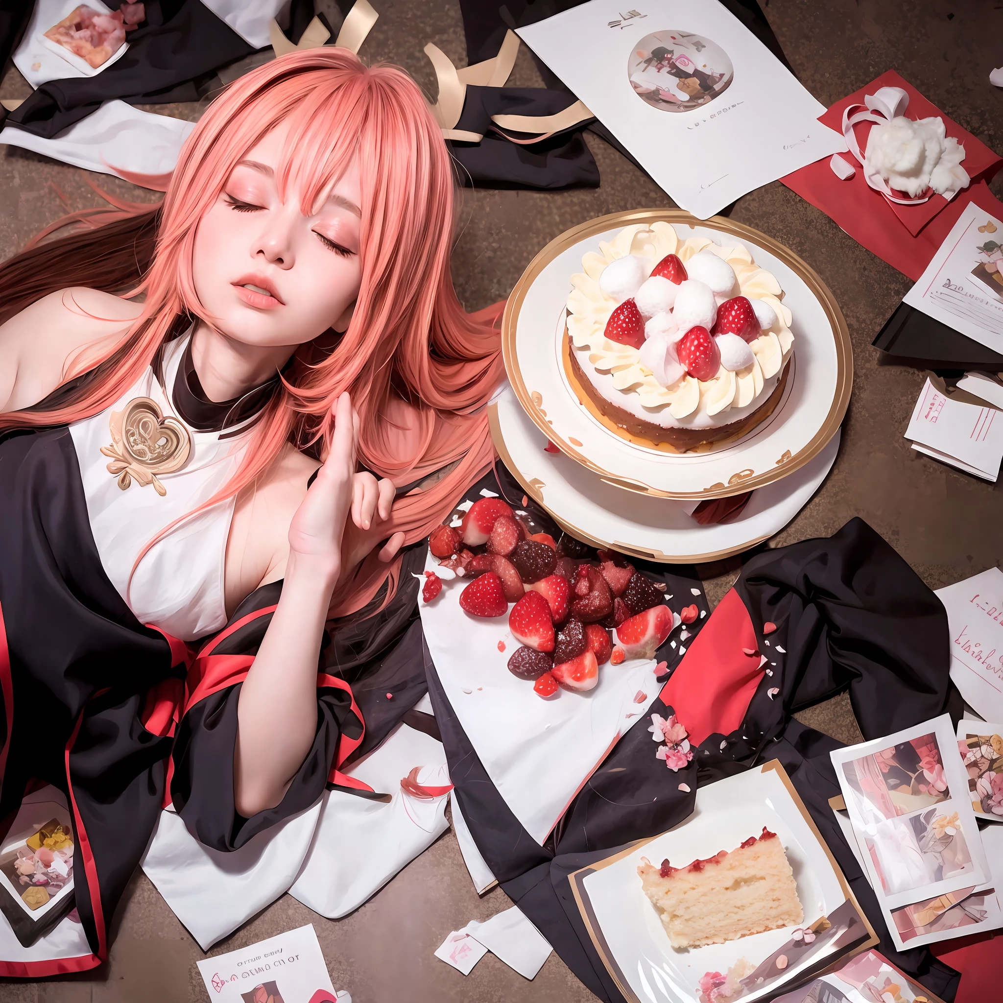 Stained with cake fragments、messy