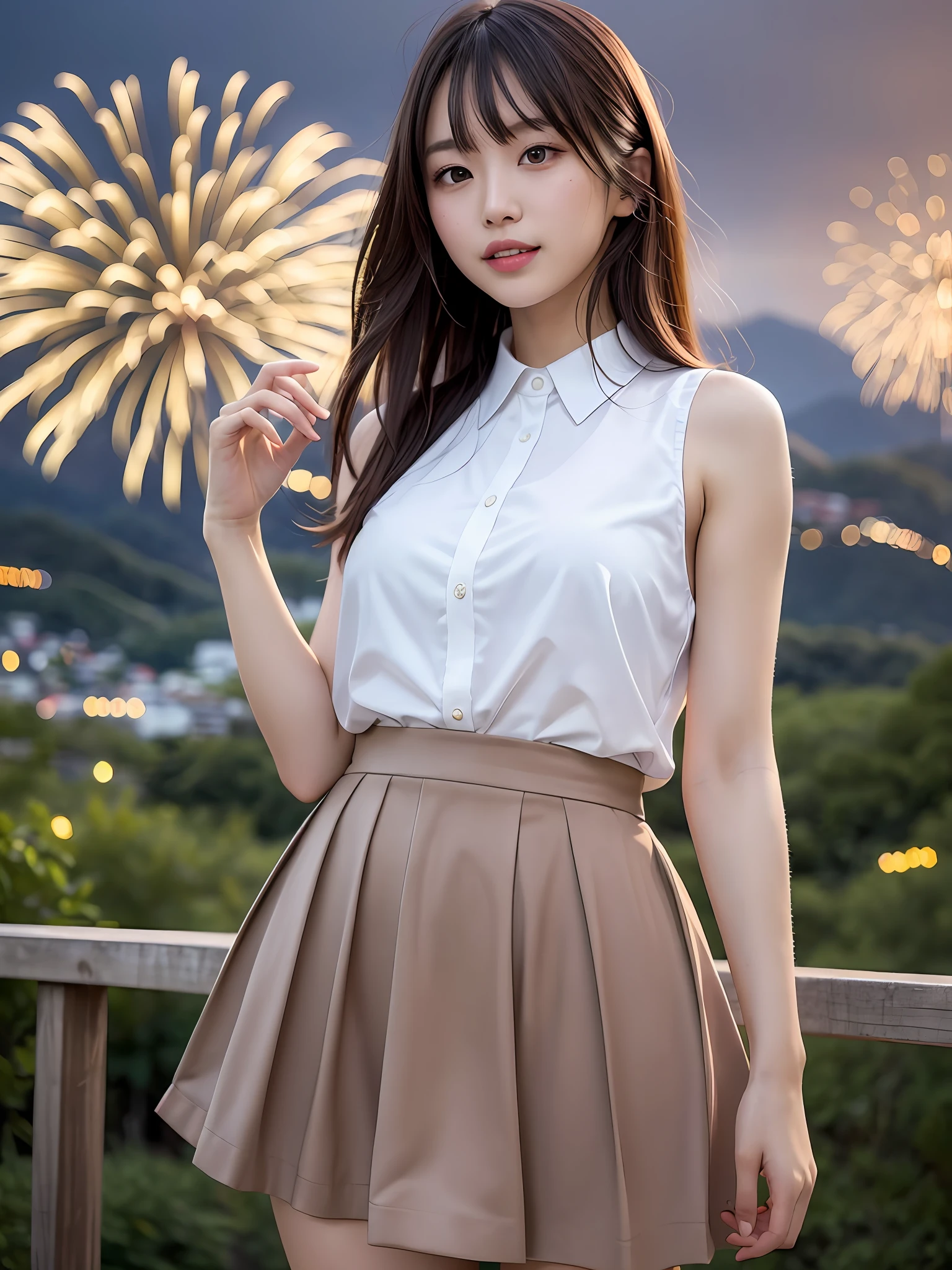 mastepiece, 1 girl per 1 photo, upper body shot, front view, a Japanese young pretty girl, standing alone on a hill surrounded by mountains of a countryside of Japan, a big smile, glamorous figure, wearing a sleeveless shiny satin white blouse with collared, wearing a short length light brown culottes skirt, behind her fireworks in the sky of the night at the fireworks festival, hyper cute face, glossy lips, double eyelids for both eyes, natural makeup, shiny smooth light brown hair of long bob hair, asymmetrical bangs, tanned skin, central image, 8K resolution, high detail, detailed hairstyle, detailed face, cinematic lighting, octane rendering, hyper realistic, perfect limbs, perfect anatomy