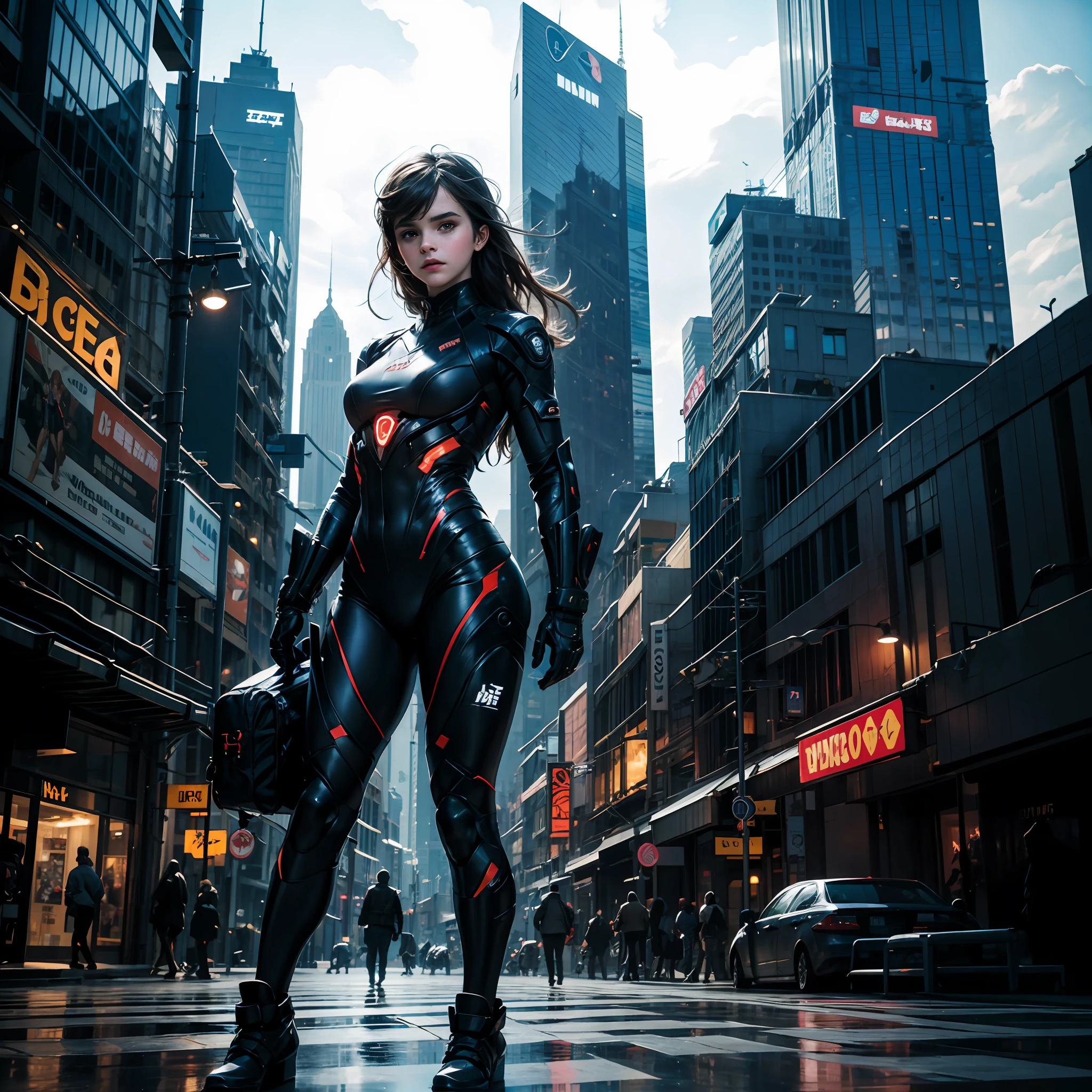 emma watson adorned in a form-fitting combat suit, her attire merges functionality and futuristic aesthetics seamlessly. The flexible material of her suit molds to her athletic physique, enhancing her agility on the battlefield. Embedded within the fabric are nanofiber threads that provide both protection and camouflage capabilities, adjusting to the environment around her. The teensoldier girl stands amidst a breathtaking futuristic cityscape. Towering skyscrapers made of sleek, reflective materials stretch toward the heavens, their architecture harmonizing with the clean lines of advanced transportation networks that intertwine above and below ground. Hovering drones and automated sentinels patrol the air, while holographic billboards display vibrant advertisements, showcasing the technological marvels of this era.