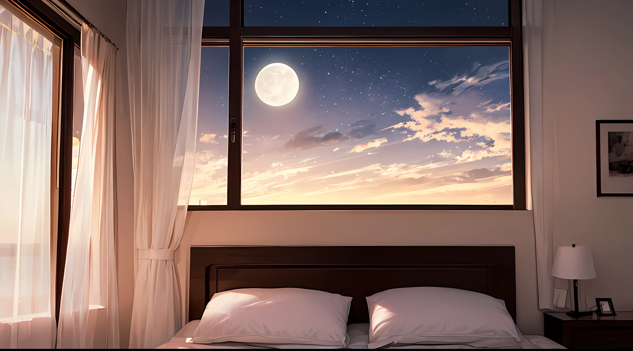 Bright moonlight in front of the bed,Suspected to be frost on the ground。Look up at the bright moon,Head down and think of home。Cinematic lighting effects --auto