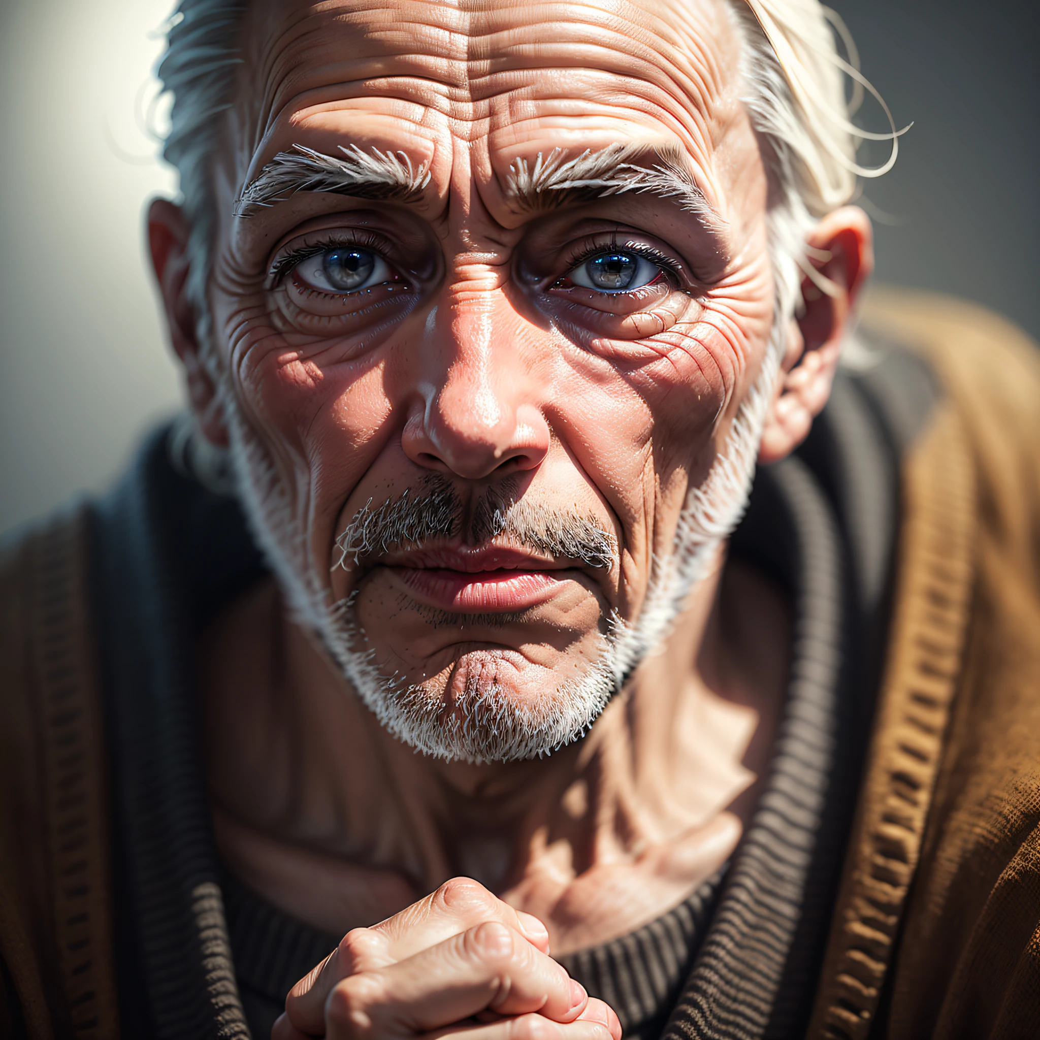 (Masterpiece, Realistic, Original,: 1.4), (Extremely Complex: 1.2), Close-up, Cinematic Light, Side Light, Ultra High Resolution, Best Shadows, RAW, Upper Body, Old Man, Wearing a Jumper,