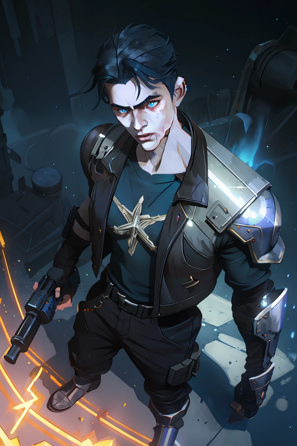 (masterpiece, best quality), 1 male, solo, adult, handsome, tall muscular guy, broad shoulders, finely detailed eyes and detailed face, extremely detailed CG unity 8k wallpaper, intricate details, intricate details, very short hair, undercut, grunge, serious expression, big arms, dark, old leather jacket, white t-shirt, medieval dark leg armor pants, neon motion stream, glowing lights, Grenade Launcher weapon, bright white energy streams of lights, rim lighting, sf, Apocalypse, from above