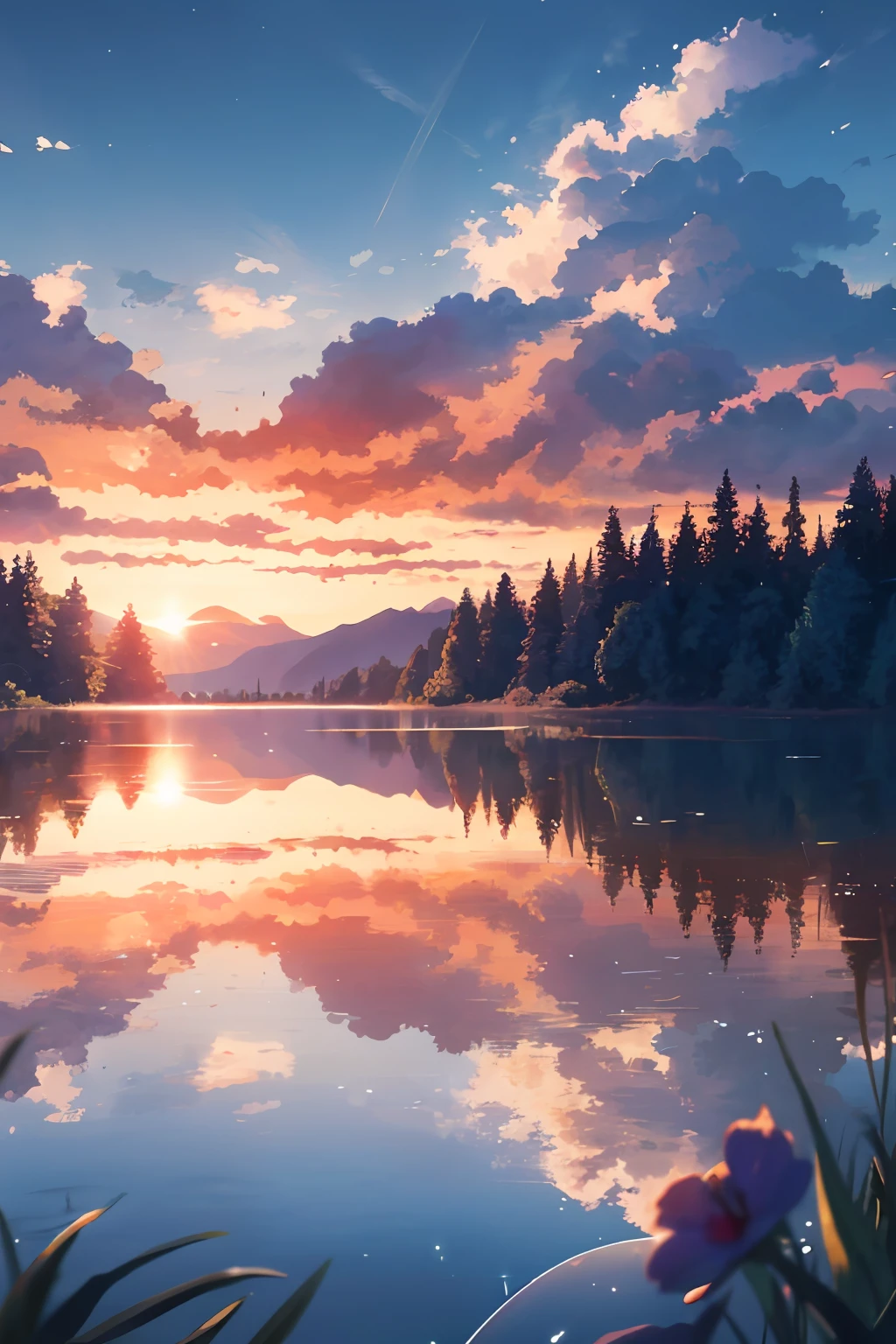 Wallpaper, summer, lake, dawn, forest, clouds, dawn background, depth of field, HD detail, hyperdetail, cinematic, soft light, deep field focus bokeh, ray tracing, diffuse (ultra-fine glass reflection) and realism. --v6