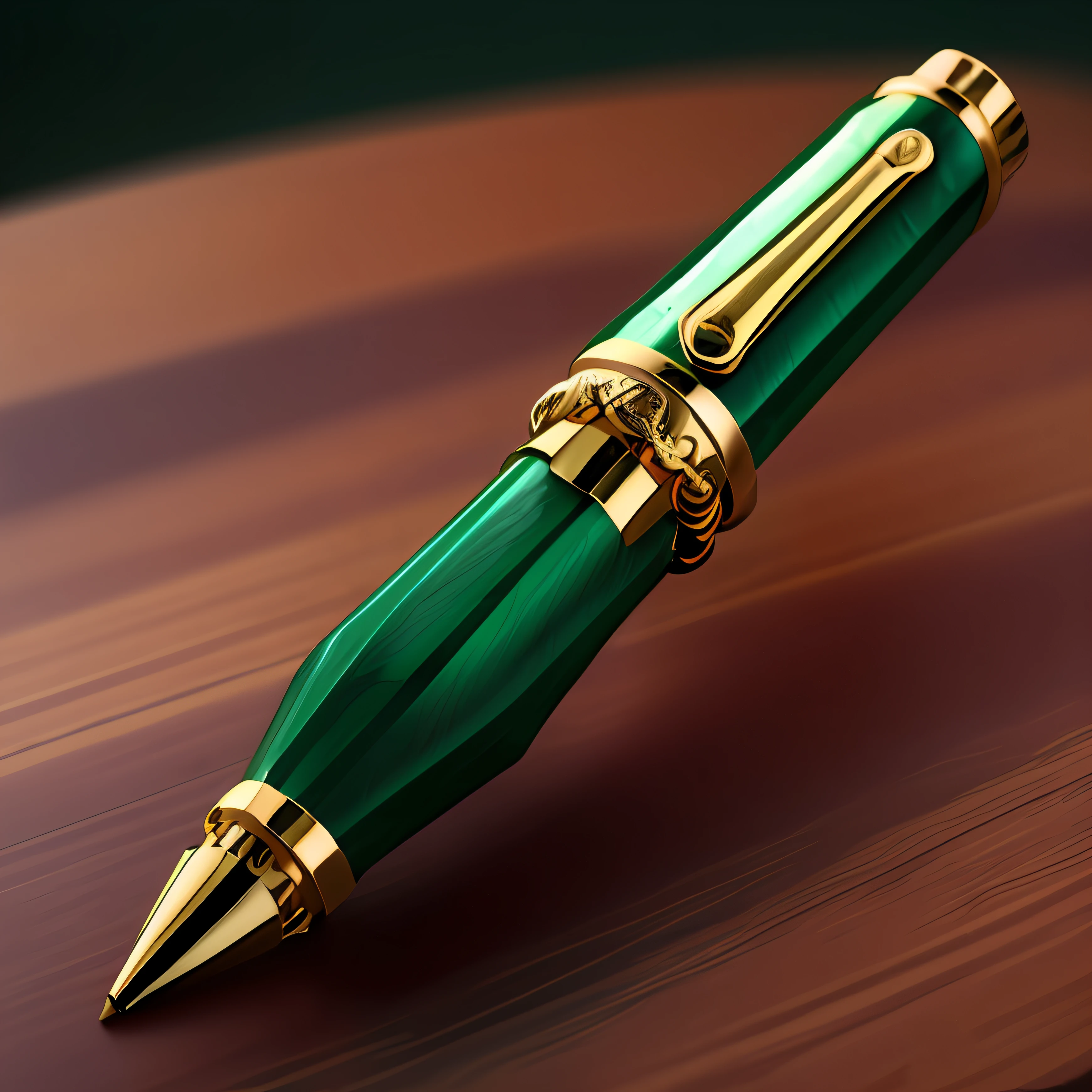 A blue pen with gold edging is placed on a wooden table, Thin pen, Highly detailed pen, pens, fine point pen, fountain pen, Gold and green, closeup portrait shot, Pencil, Highly detailed product photos, Fine pen work, Green Gold, Green, Ink pen, ballpoint pen, close portrait, #Green, masterpiece fine details