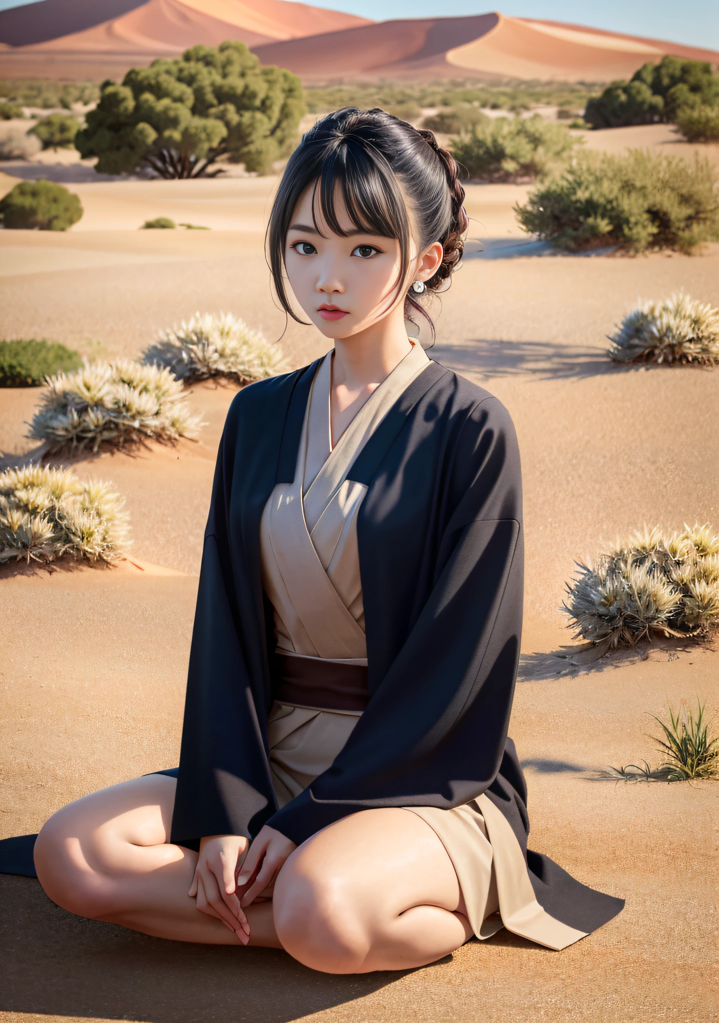 (Jedi meditation:1.3), serene photo,1girl, Jedi master in deep meditation, in jedioutfit, sitting cross-legged, (desert oasis:1.1), surrounded by blooming desert flowers, harmonizing with the Force, spiritual retreat, transcendent tranquility, desert enlightenment, Absurdres, hdr, ultra detailed illustration, extremely detailed face, RAW photo, film grain, skin pores, trending on deviantart